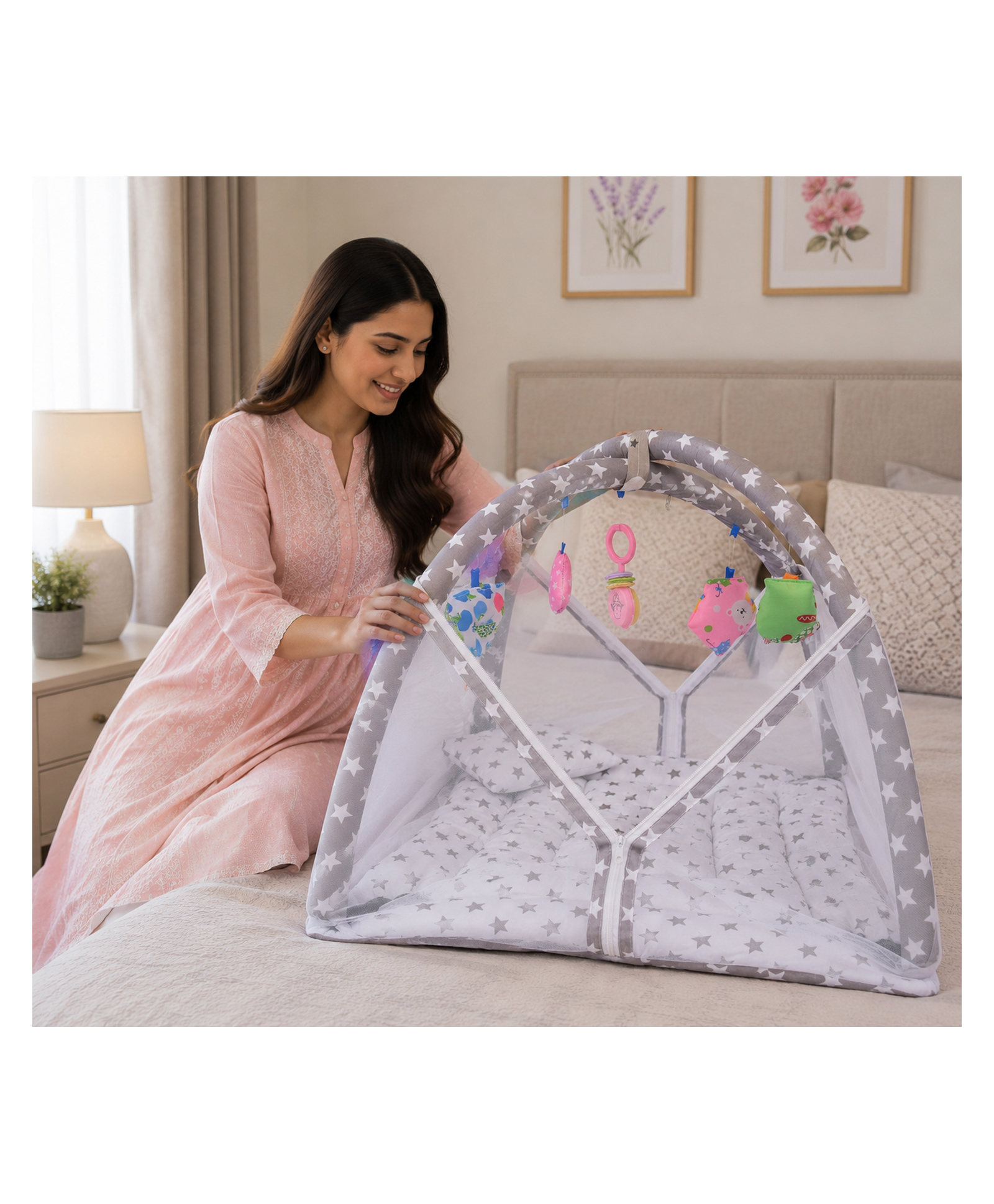Babytoons New Born Baby Mattress With Net Play Gym Bed 0-6 Months - Grey-picture-43
