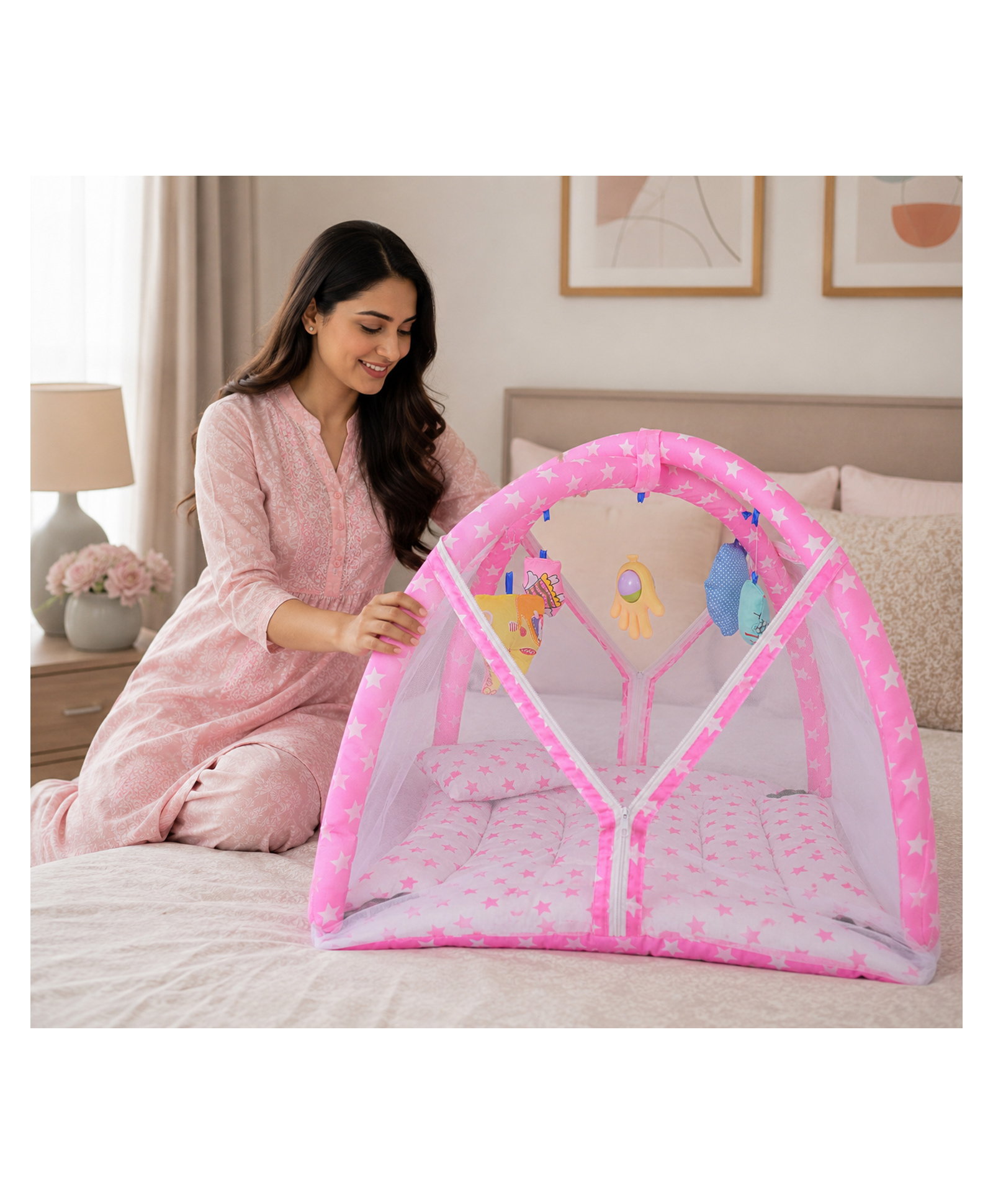 Babytoons New Born Baby Mattress With Net Play Gym Bed 0-6 Months - Pink-picture-41