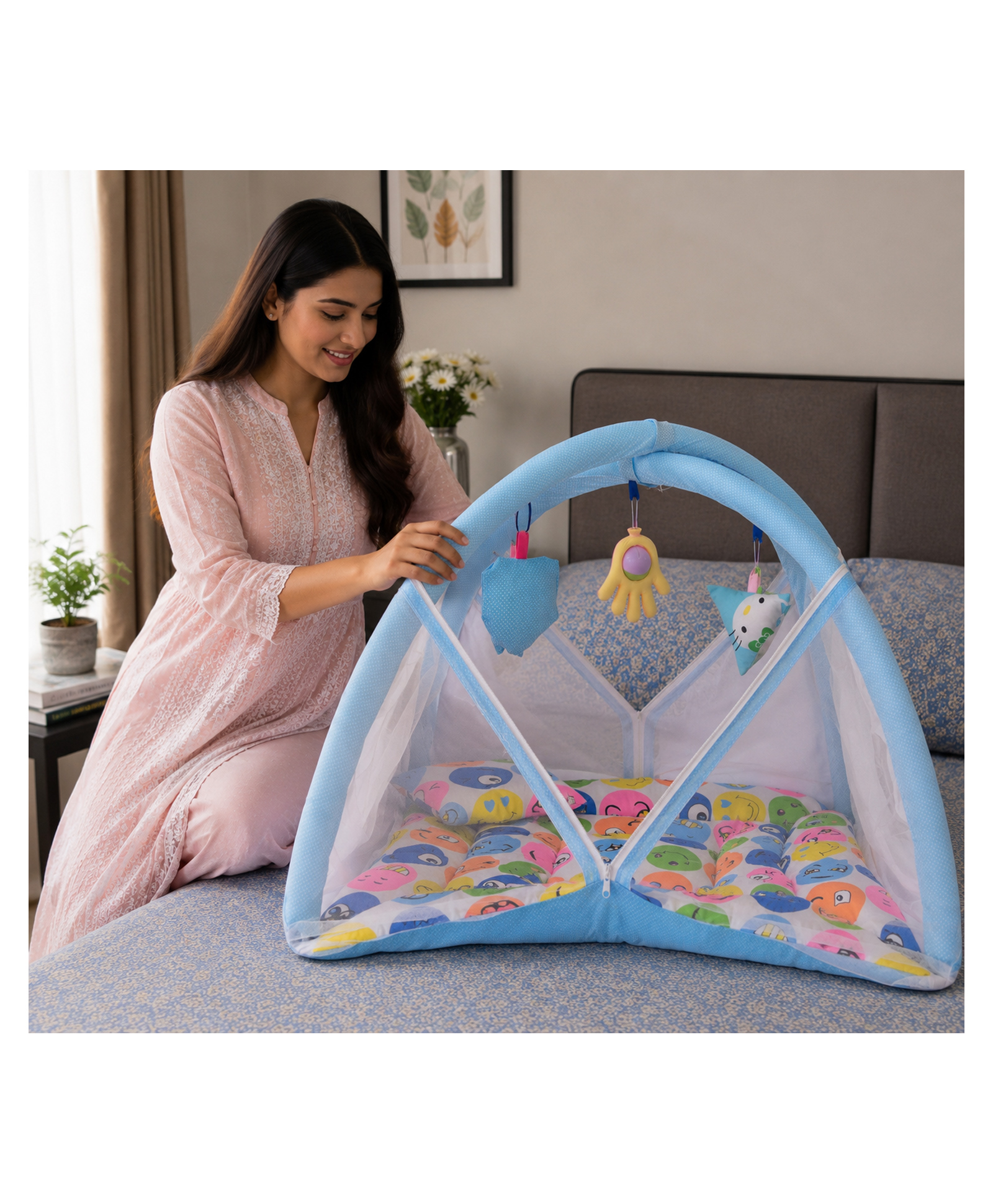 Babytoons New Born Baby Mattress With Net Play Gym Bed 0-6 Months - Blue-picture-42