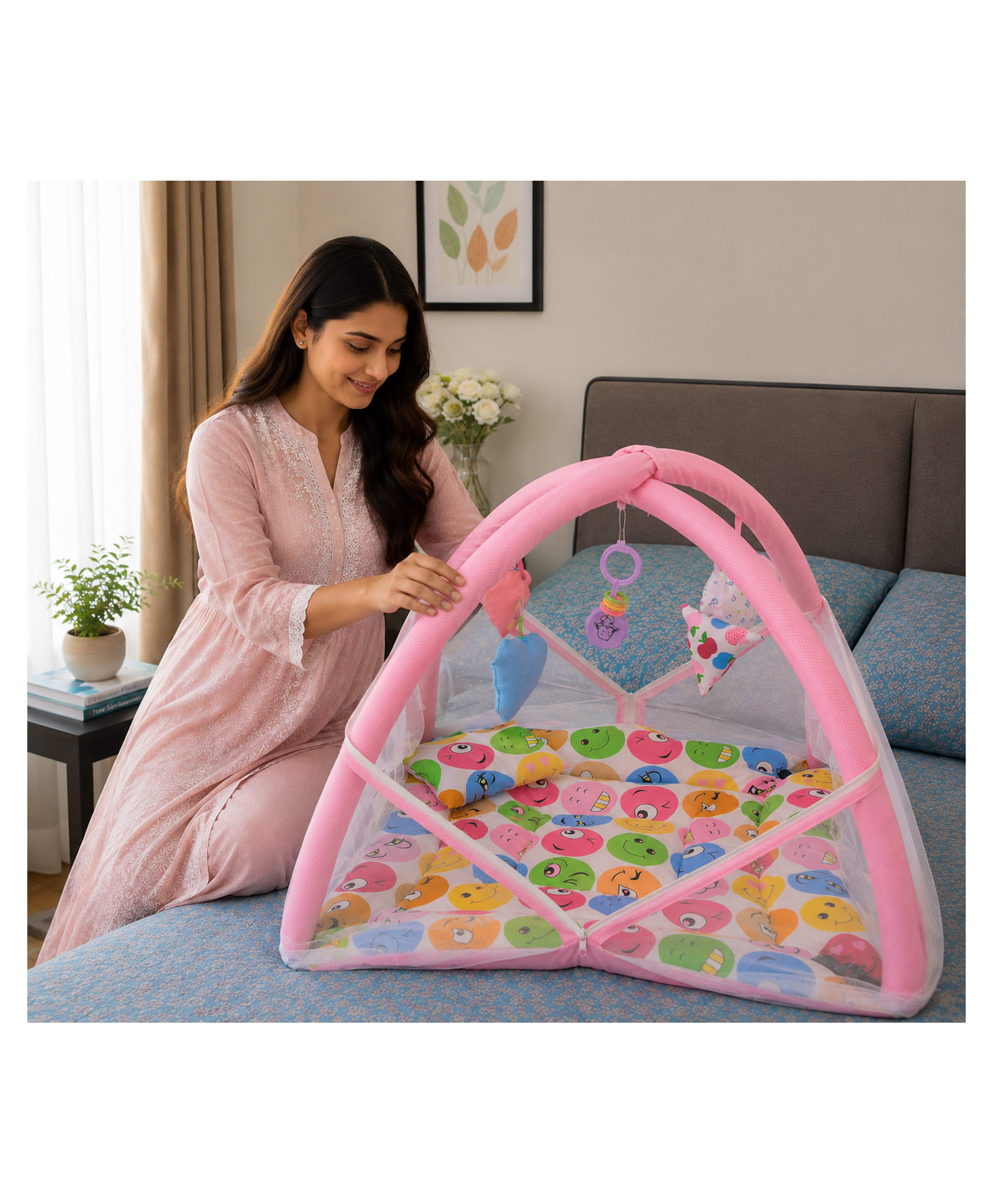 Babytoons New Born Baby Mattress With Net Play Gym Bed 0-6 Months - Pink-picture-45
