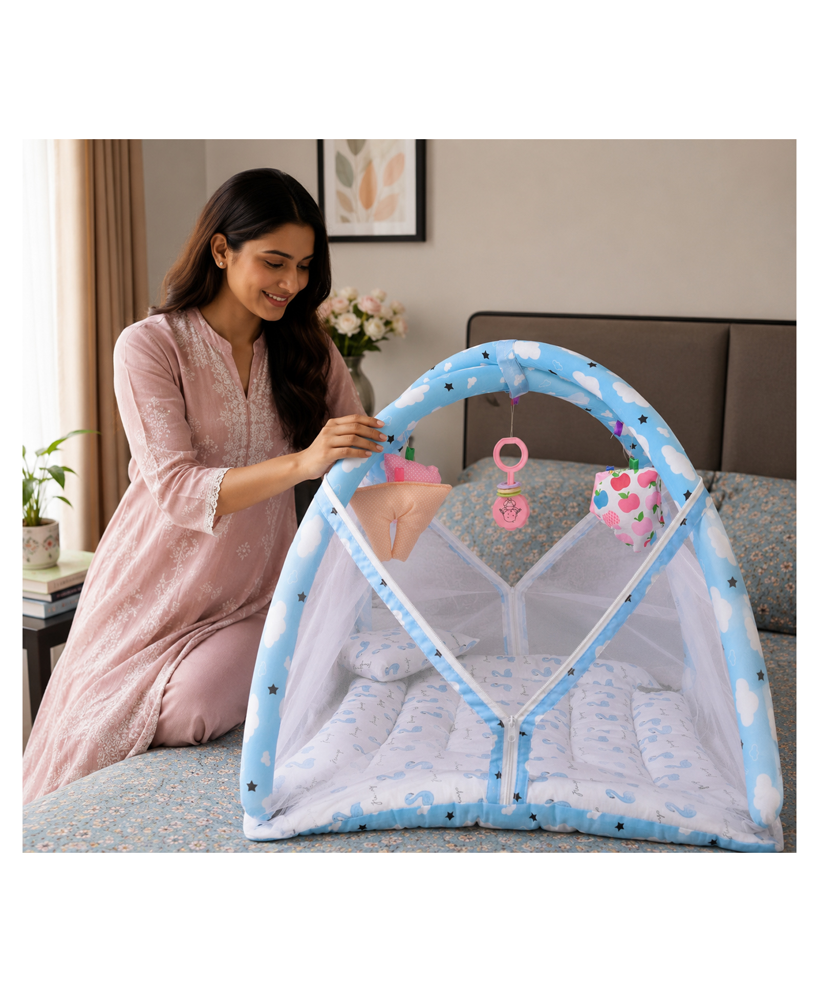 Babytoons New Born Baby Mattress With Net Play Gym Bed 0-6 Months - Blue-picture-40