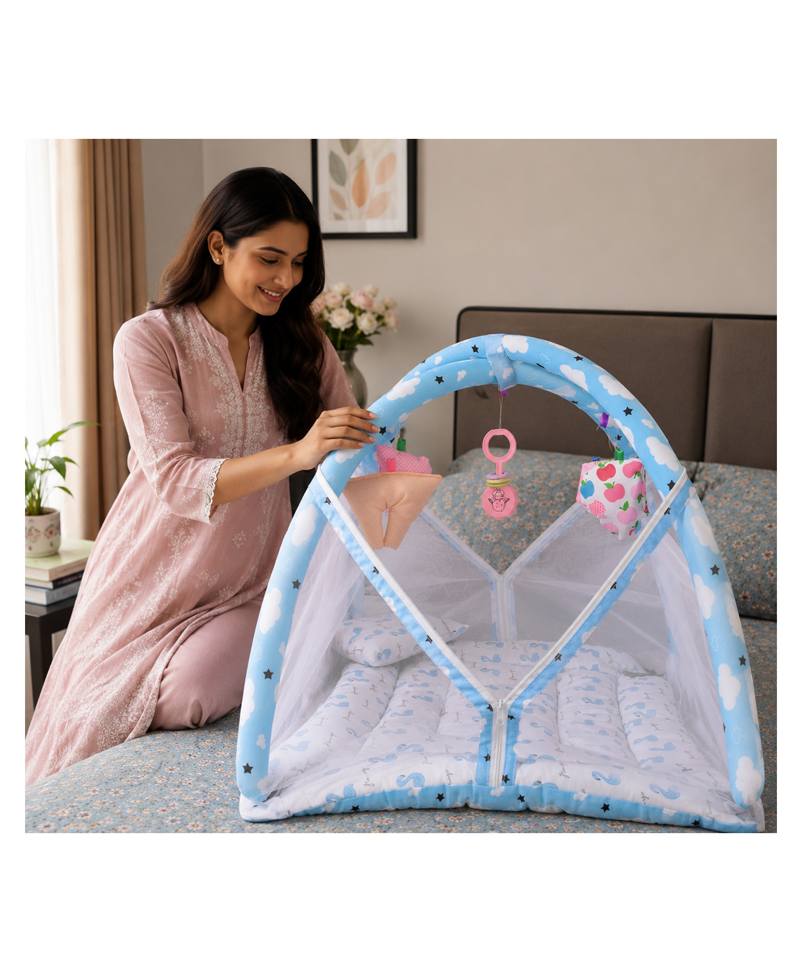 Babytoons New Born Baby Mattress With Net Play Gym Bed 0-6 Months - Light/Sky Blue-picture-37