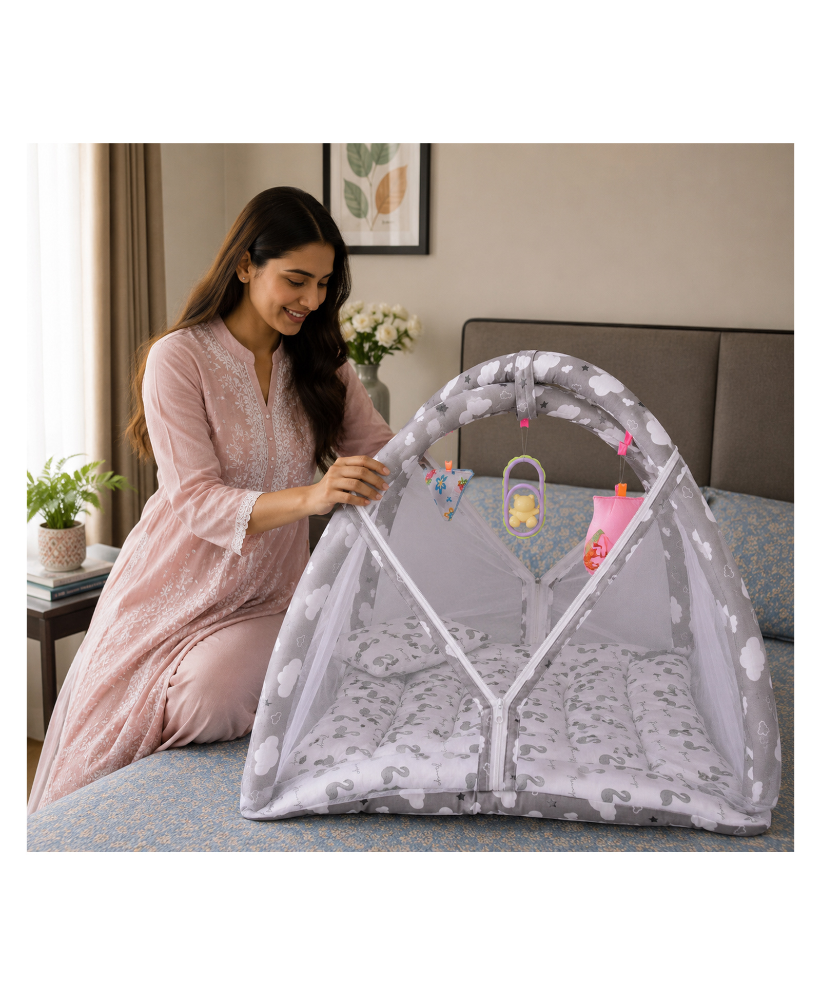 Babytoons New Born Baby Mattress With Net Play Gym Bed 0-6 Months - Grey-picture-36