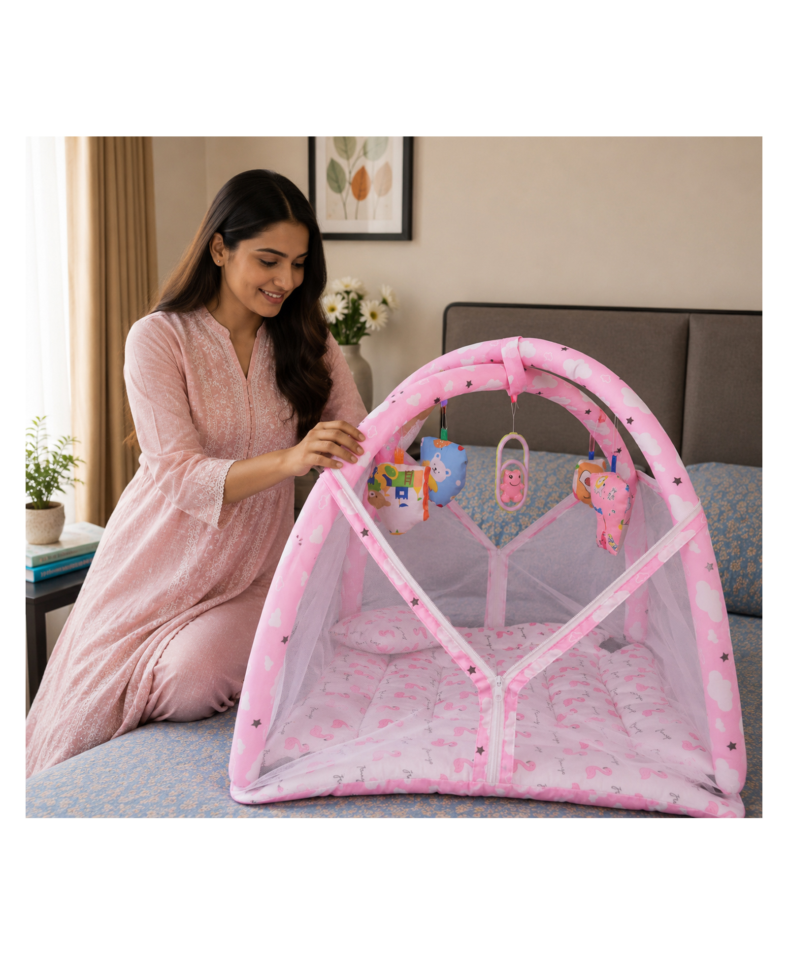 Babytoons New Born Baby Mattress With Net Play Gym Bed 0-6 Months - Pink-picture-38
