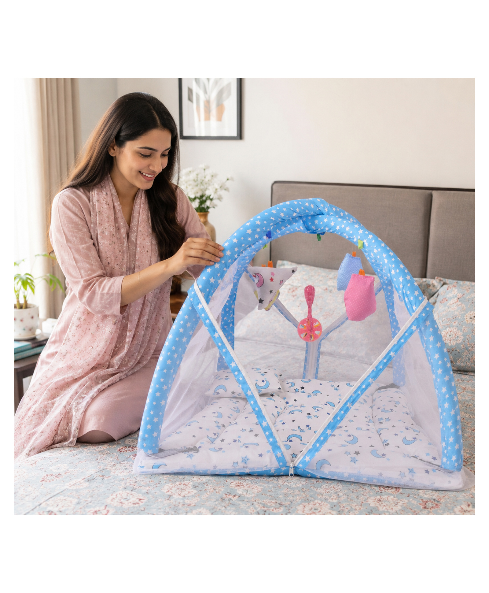 Babytoons New Born Baby Mattress With Net Play Gym Bed 0-6 Months - Blue-picture-34