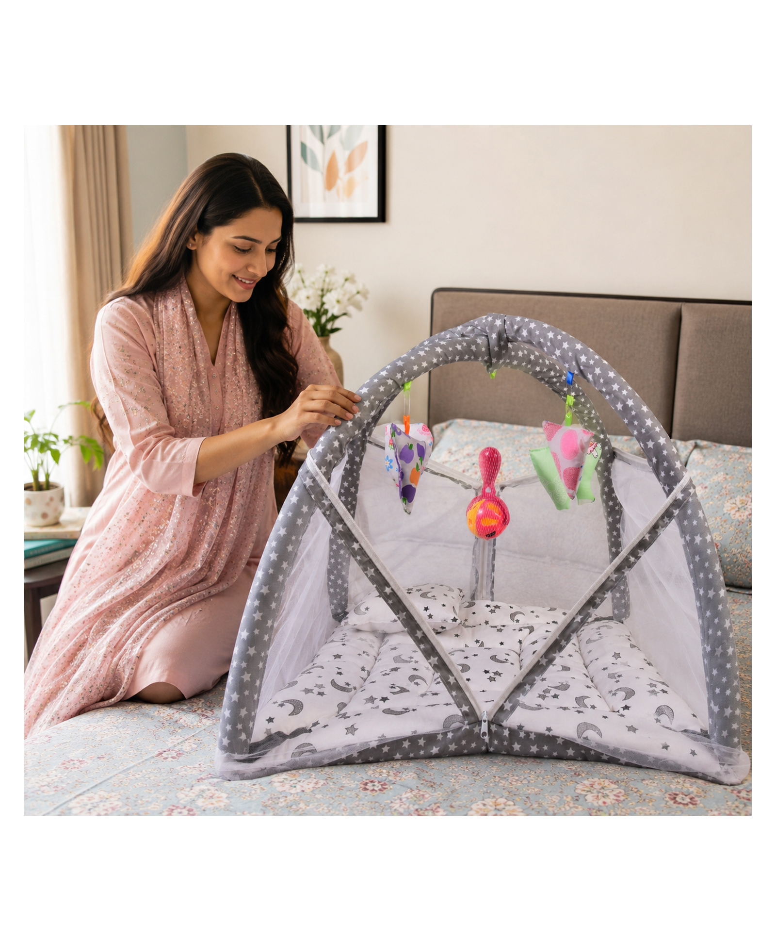 Babytoons New Born Baby Mattress With Net Play Gym Bed 0-6 Months - Grey-picture-29
