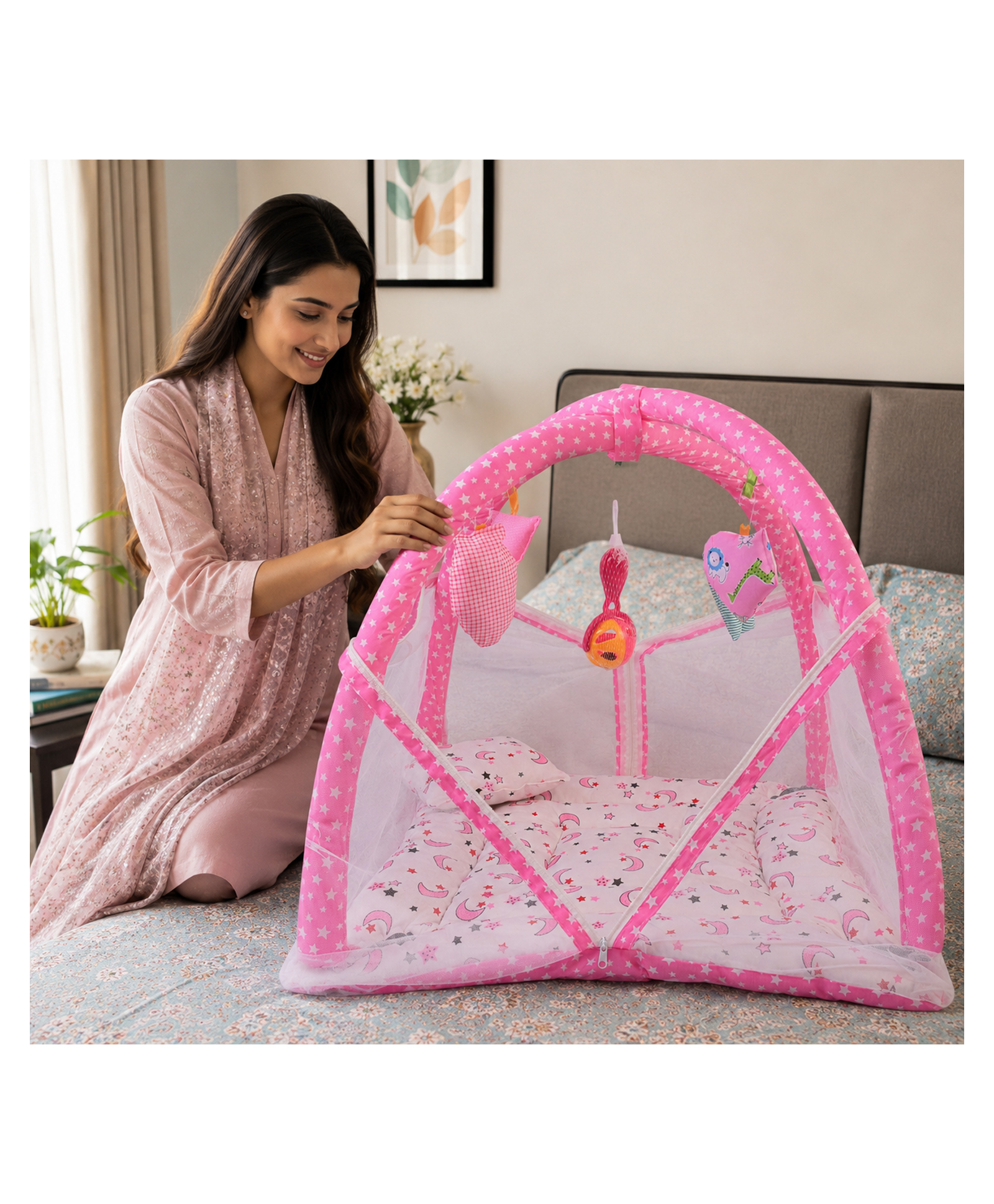 Babytoons New Born Baby Mattress With Net Play Gym Bed 0-6 Months - Pink-picture-31