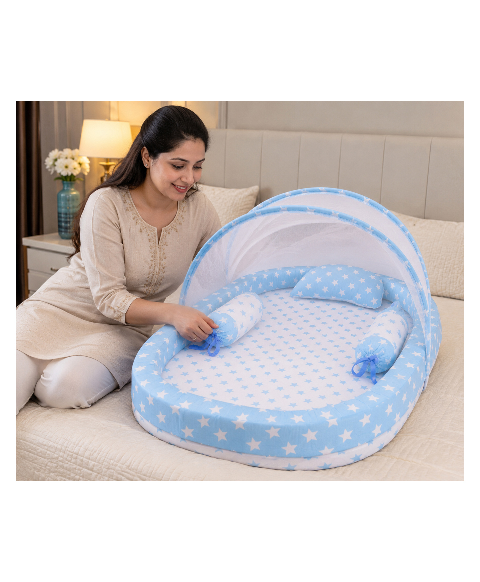 Babytoons Baby Mosquito Net Bed Set with Mattress Pillow and Bolsters 0-12 Months - Blue-image-8