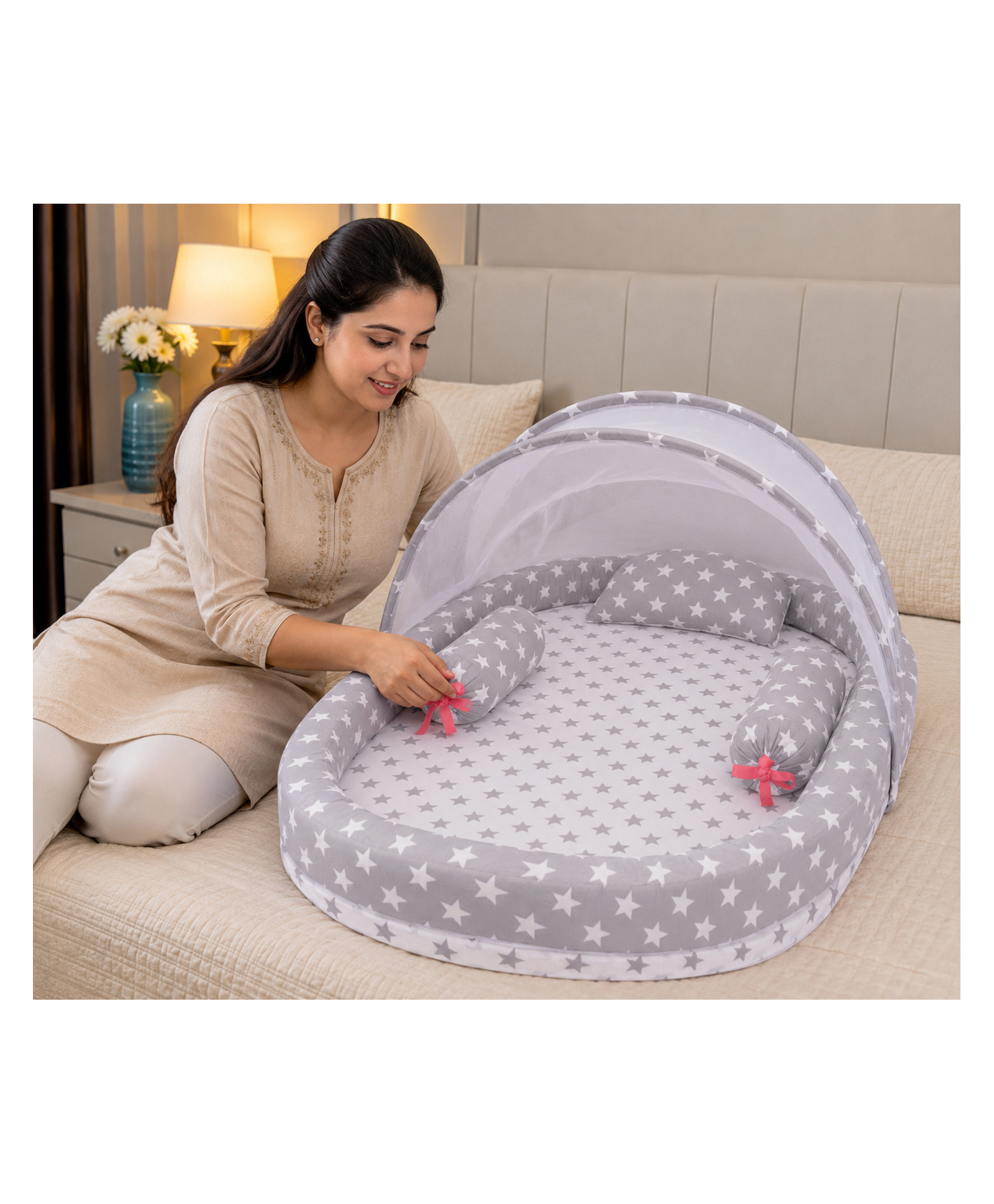 Babytoons Baby Mosquito Net Bed Set with Mattress Pillow and Bolsters 0-12 Months - Grey-picture-25