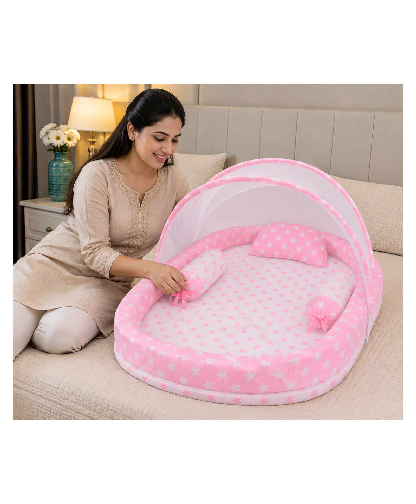 Babytoons Baby Mosquito Net Bed Set with Mattress Pillow and Bolsters 0-12 Months - Pink-picture-28