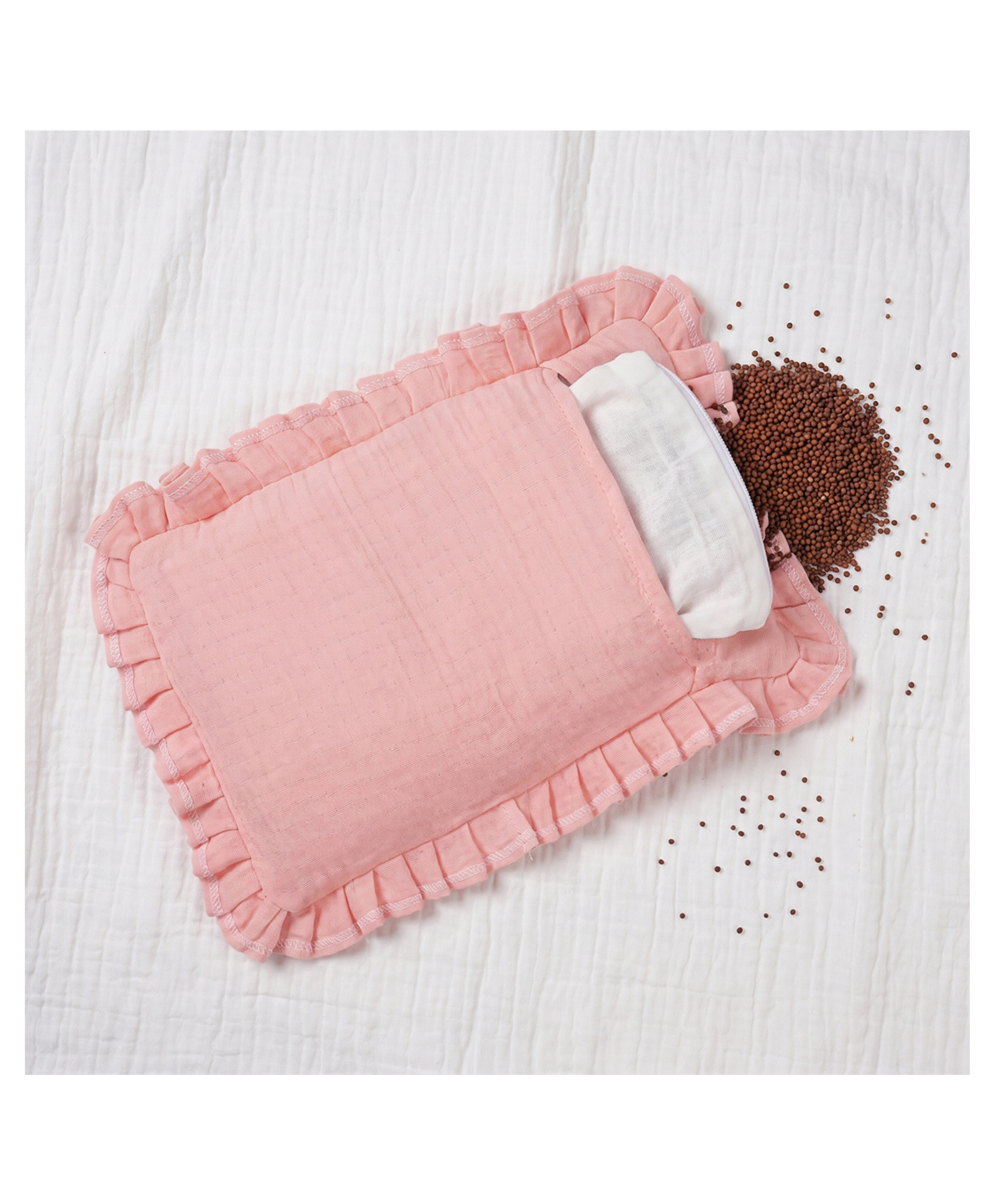 Tidy Sleep Baby Natural Mustard Seed Filling Pillow, 100% Cotton Gauze Muslin, Soft Infant Head Support Pillow, Removable Washable Cover - Pink-picture-7