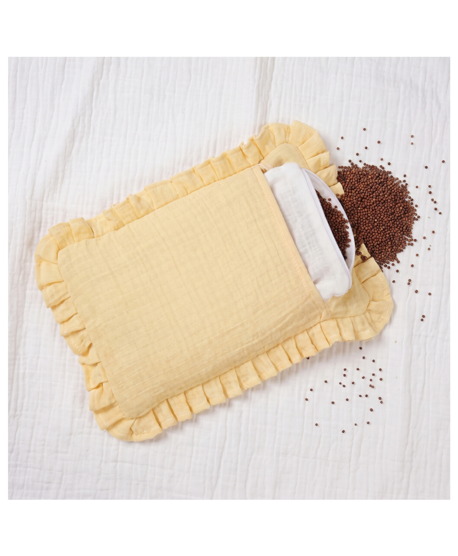 Tidy Sleep Baby Natural Mustard Seed Filling Pillow, 100% Cotton Gauze Muslin, Soft Infant Head Support Pillow, Removable Washable Cover - Khaki-picture-6