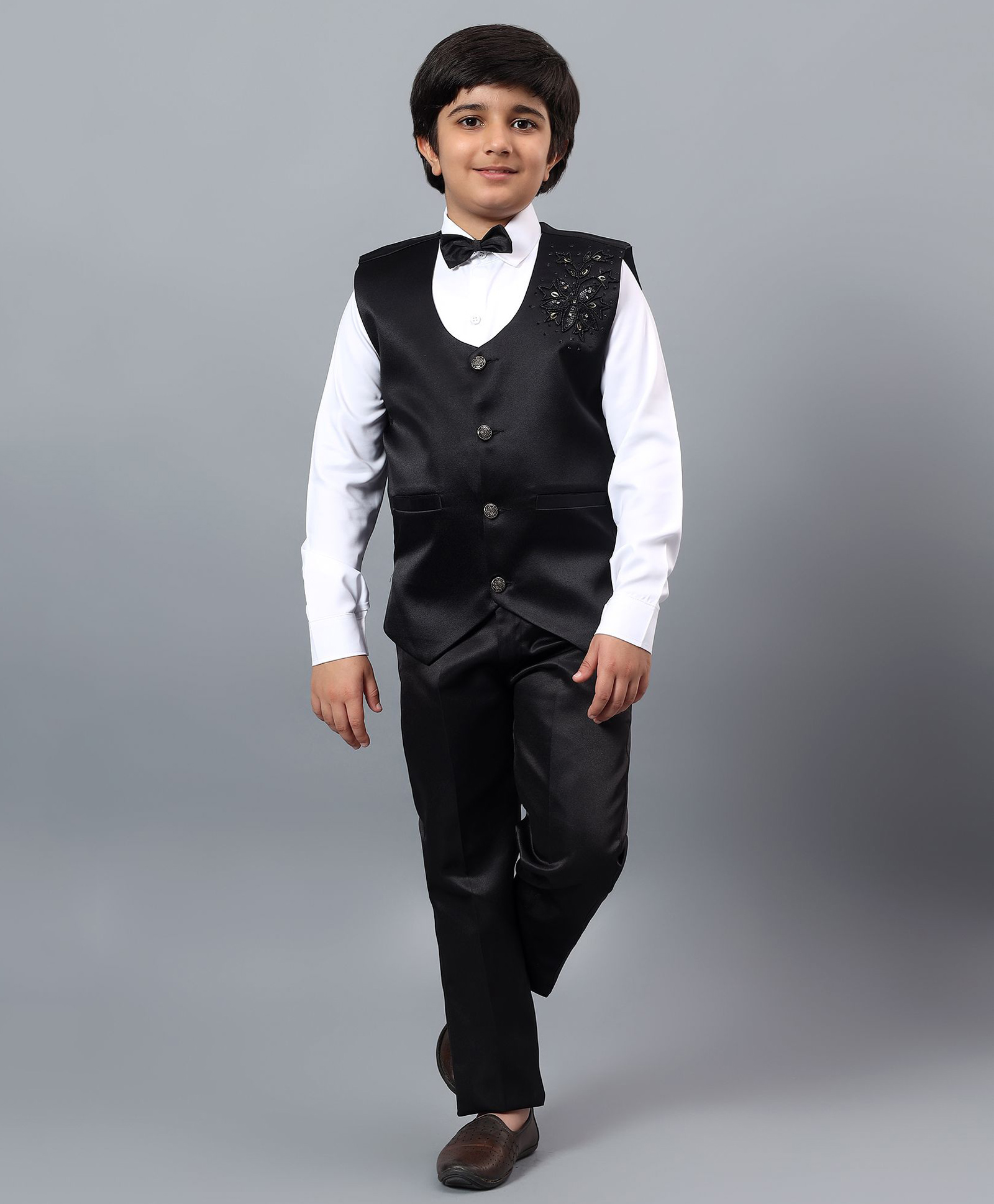 BT DEZINES Satin Woven Full Sleeves Floral Designed Beads & Sequins Embellished 3 Piece Party Suit Set With Bow - Black-image-32