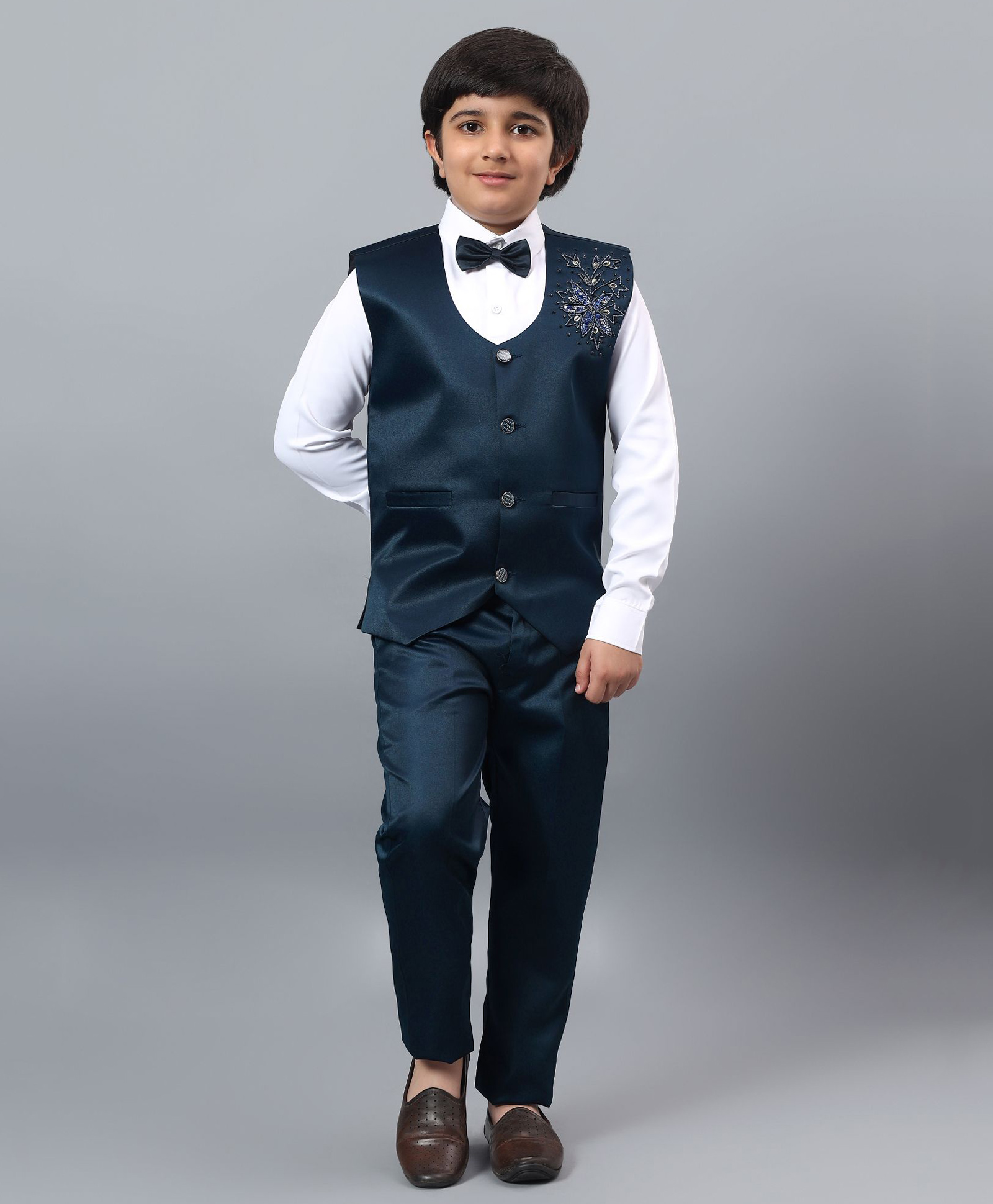 BT DEZINES Satin Woven Full Sleeves Floral Designed Beads & Sequins Embellished 3 Piece Party Suit Set With Bow - Dark Blue-image-30