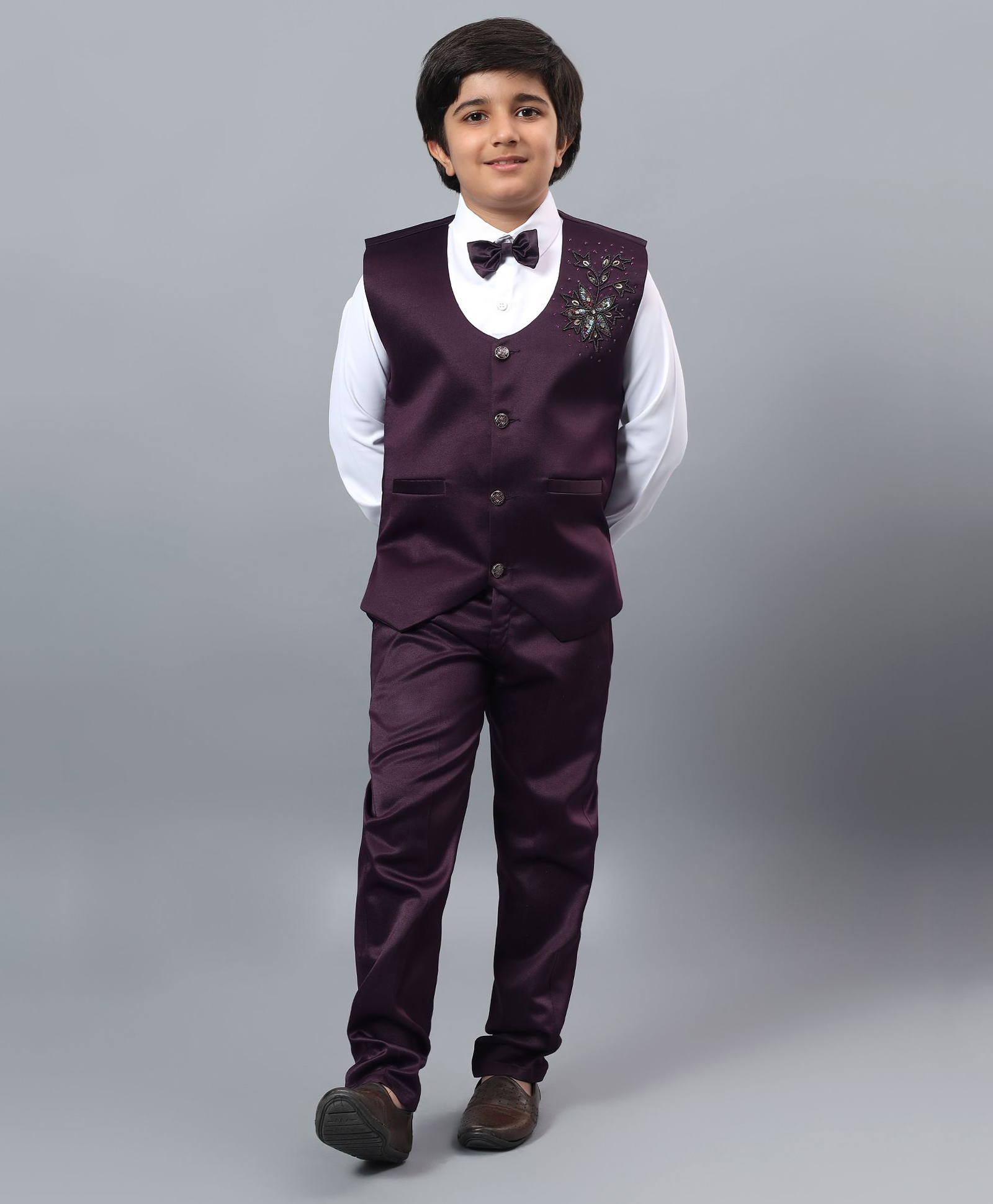 BT DEZINES Satin Woven Full Sleeves Floral Designed Beads & Sequins Embellished 3 Piece Party Suit Set With Bow - Wine-image-36