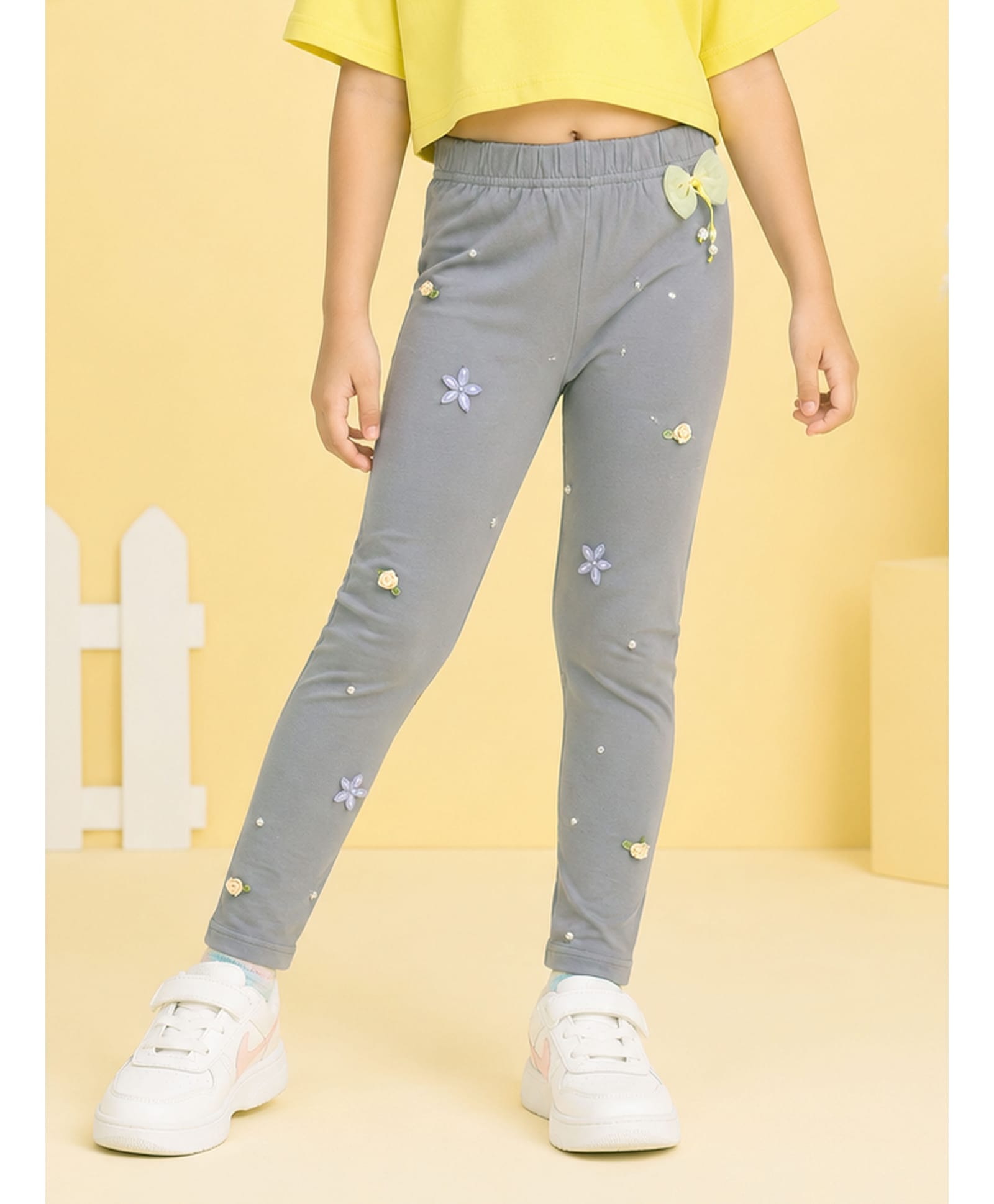 Kiddopanti Cotton Spandex Knit Floral & Bow Applique Detailed Pearl Embellished Leggings - Light Grey-image-22