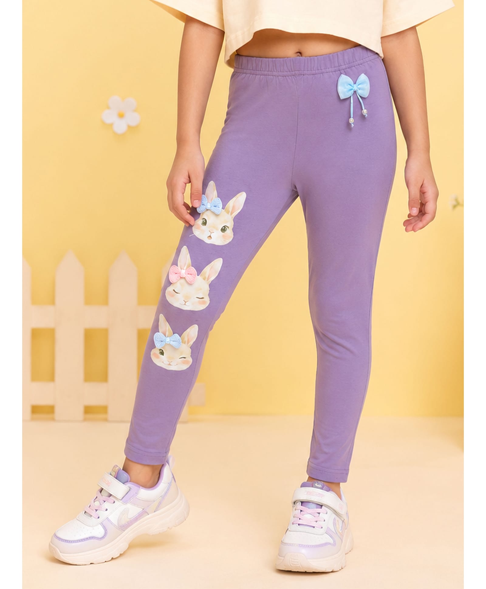 Kiddopanti Cotton Spandex Knit Bunny Face Printed & Bow Applique Detailed Leggings - Lavender-picture-23