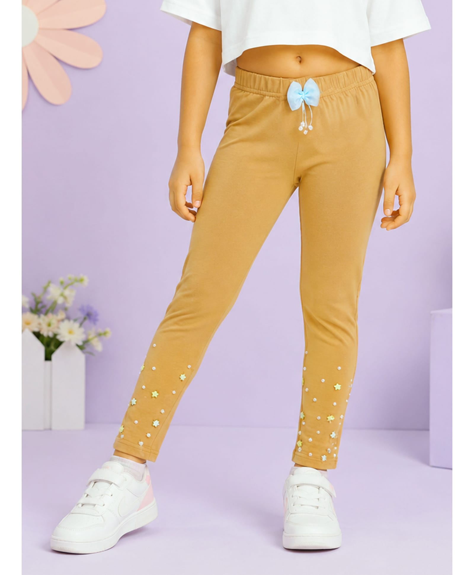 Kiddopanti Cotton Spandex Knit Floral & Bow Applique Detailed Pearl Embellished Leggings - Golden-picture-15