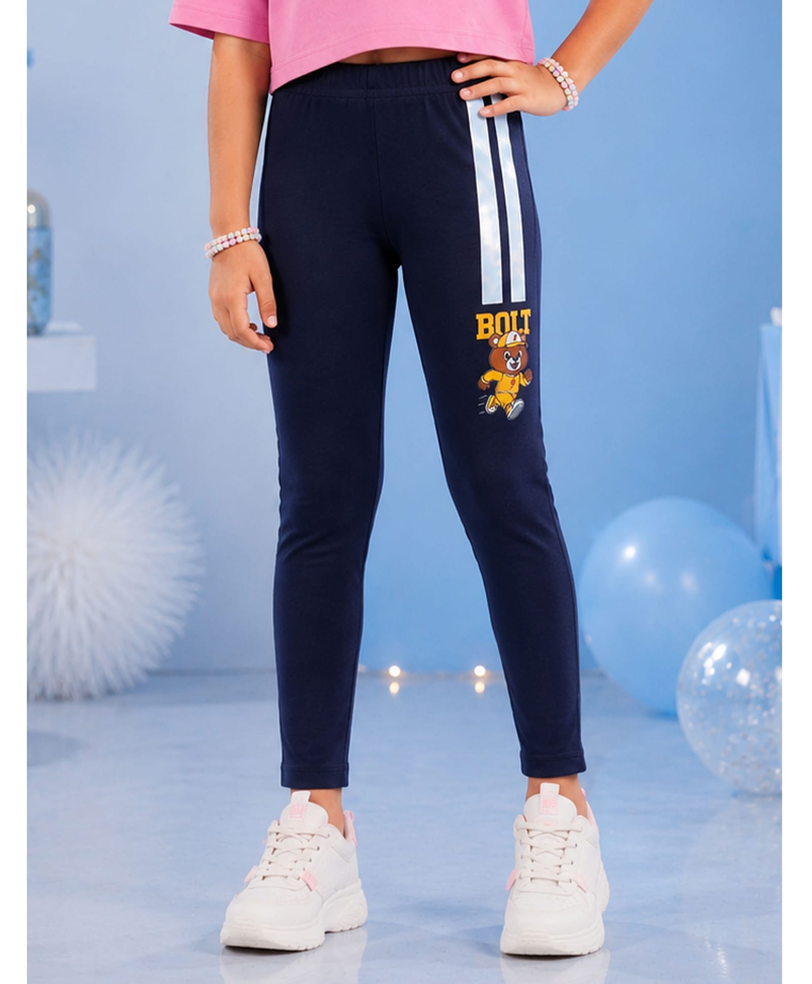 Kiddopanti Cotton Spandex Knit Bolt Text & Teddy Printed Leggings - Navy Blue-image-12