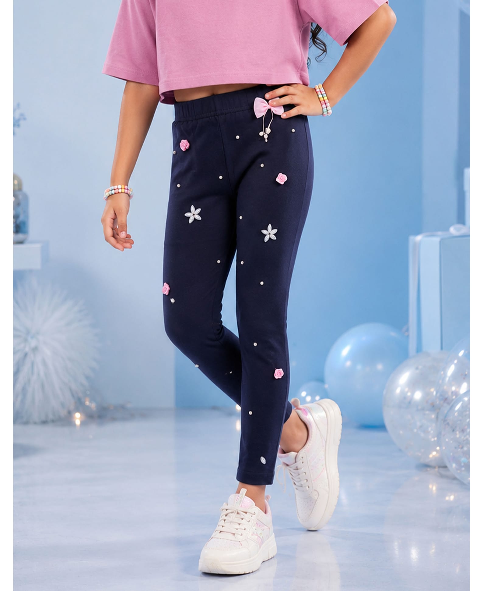 Kiddopanti Cotton Spandex Knit Floral & Bow Applique Detailed Pearl Embellished Leggings - Navy Blue-picture-19