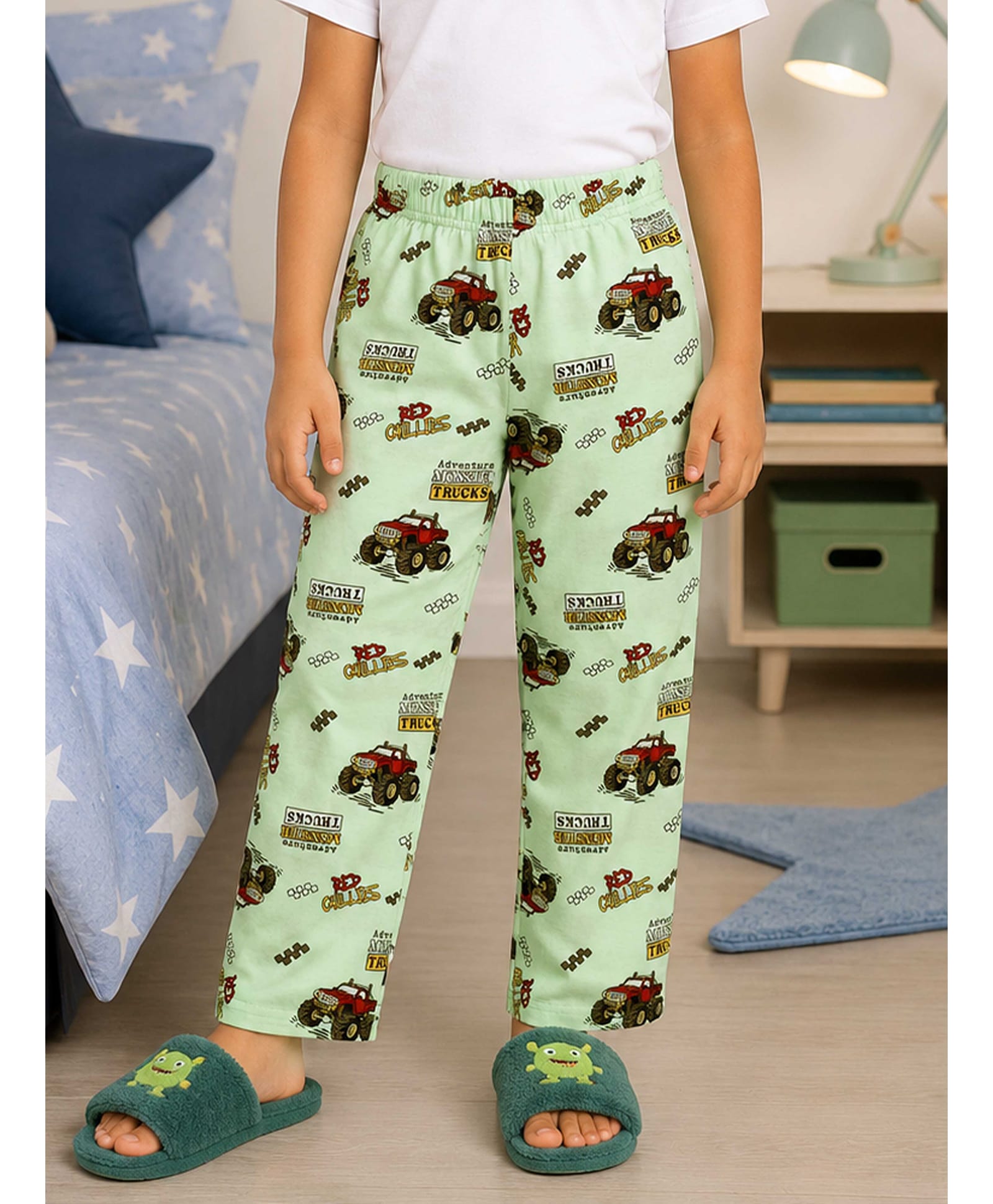 Kiddopanti Cotton Knit Monster Truck Printed Pajama - Lime Green-picture-18