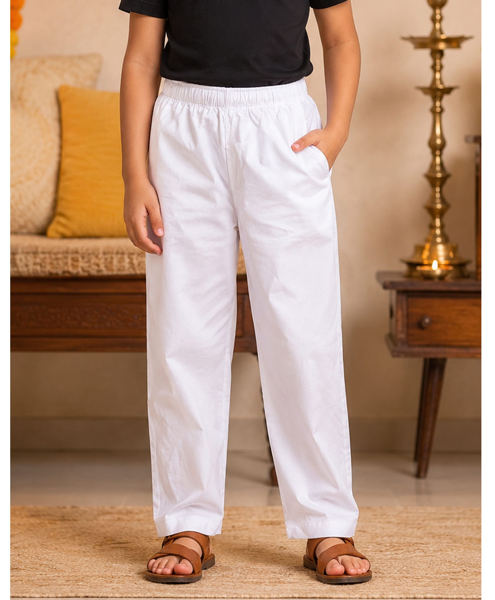 Kiddopanti Rayon Woven Solid Pyjama - White-image-44