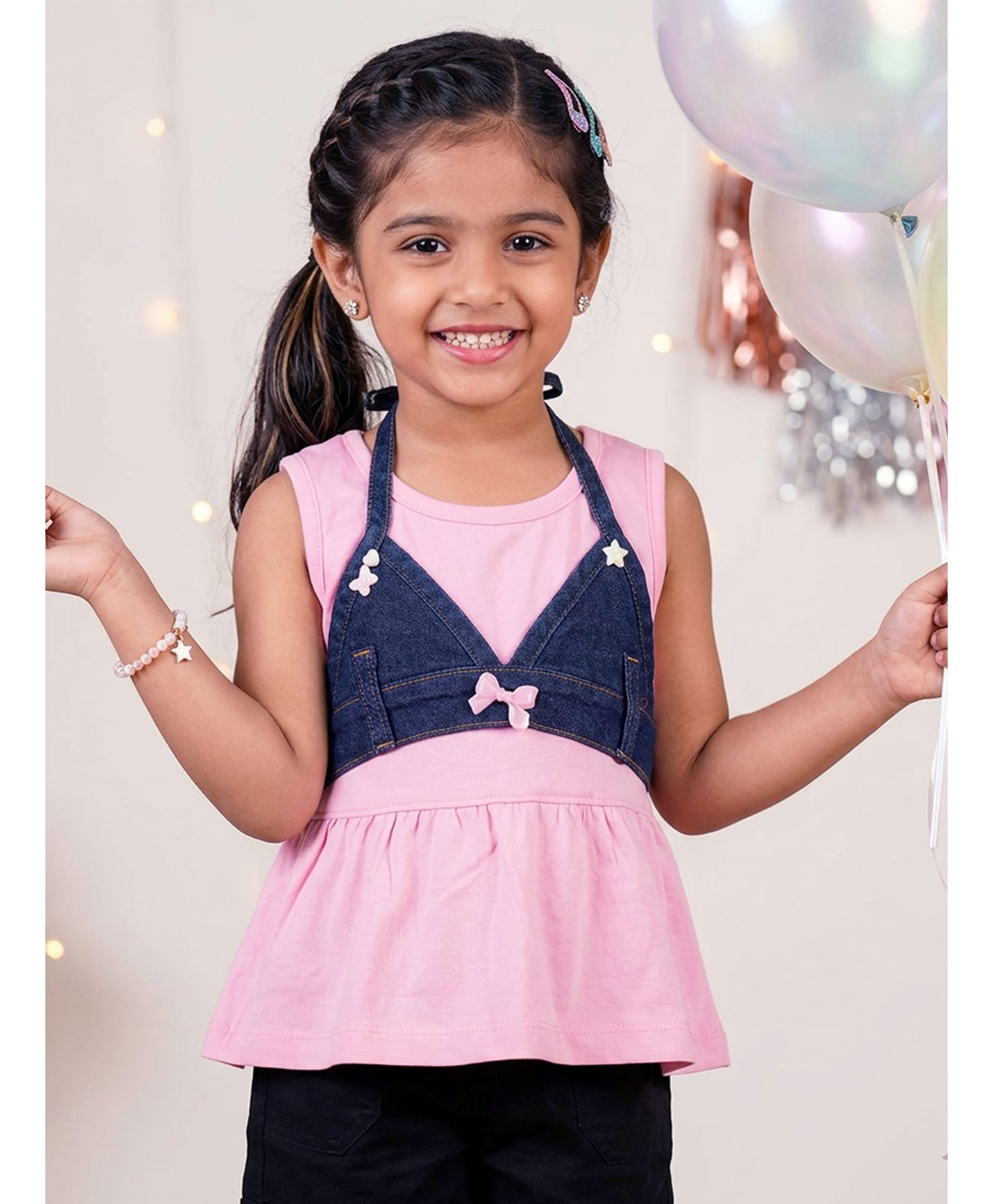 Kiddopanti Cotton Knit Sleeveless Solid Peplum Top With Bow Applique Detailed Denim Overlay Set - Pink & Dark Blue-picture-10