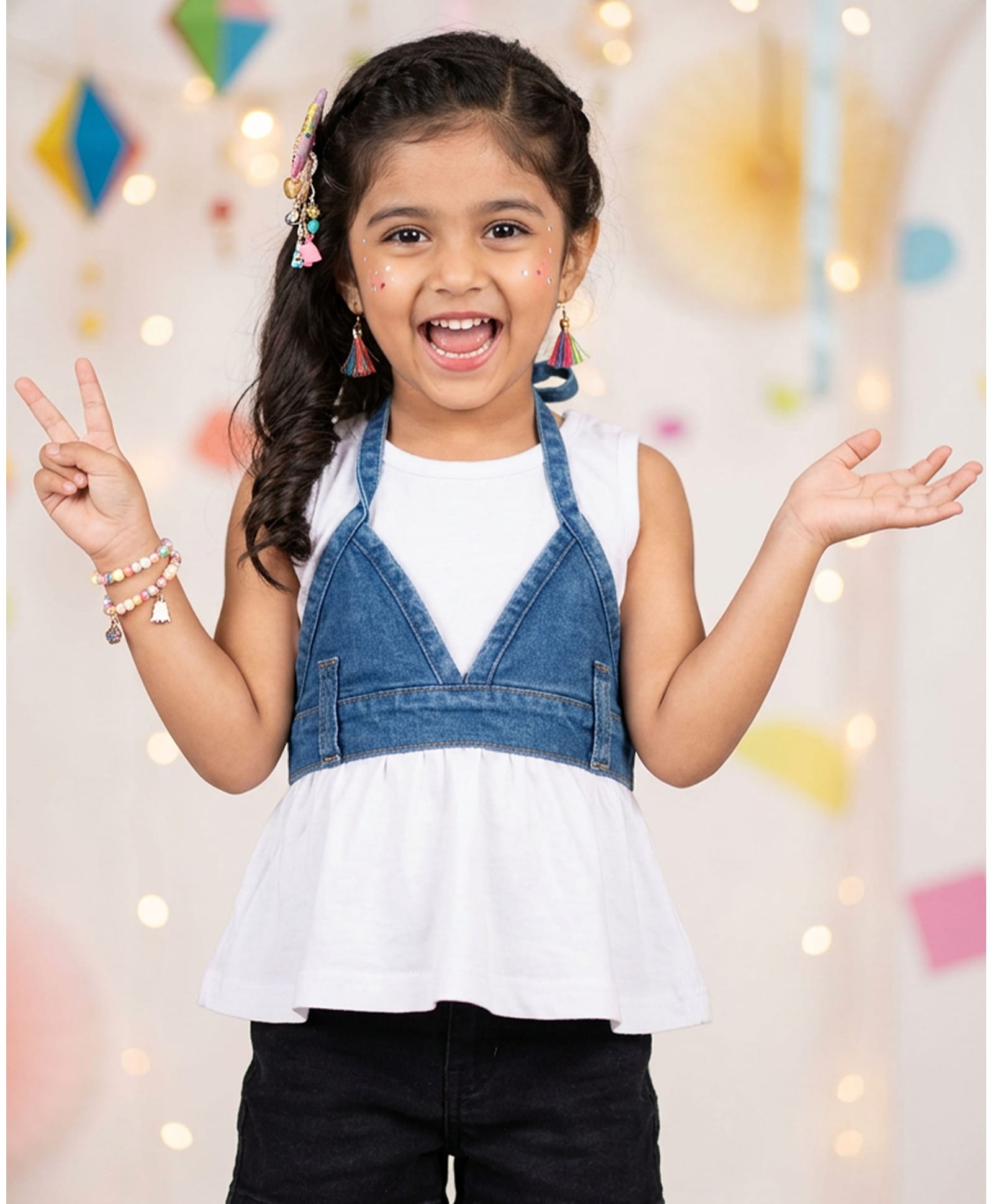 Kiddopanti Cotton Knit Sleeveless Solid Peplum Top With Washed Denim Overlay Set - White & Blue-picture-33
