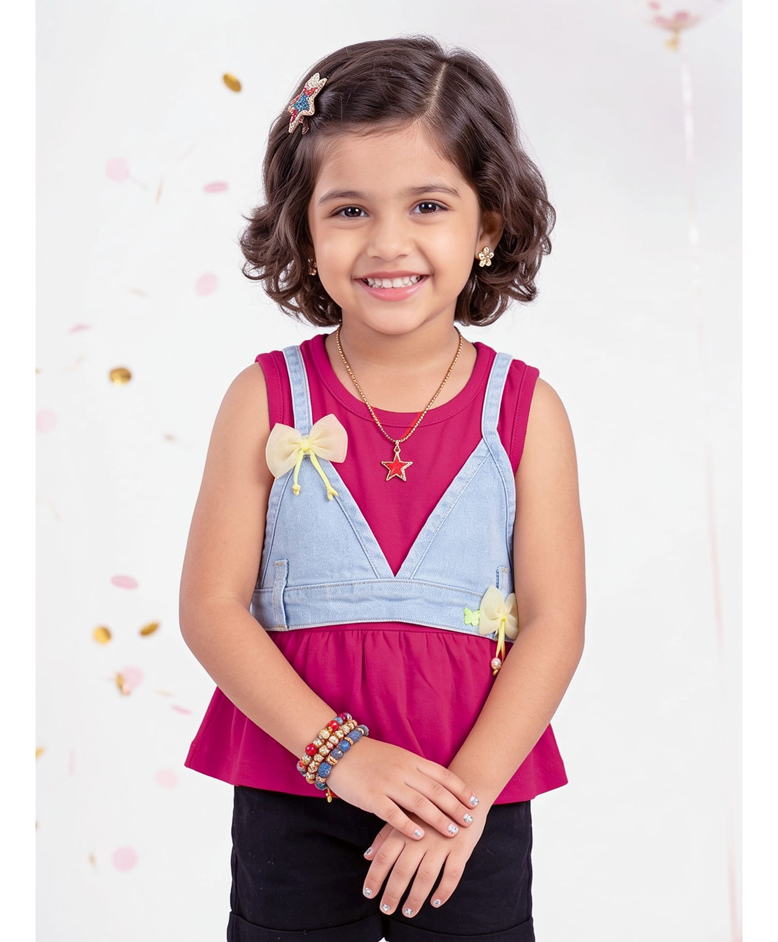 Kiddopanti Cotton Knit Sleeveless Solid Peplum Top With Bow Applique Detailed Washed Denim Overlay Set - Hot Pink & Ice Blue-picture-40