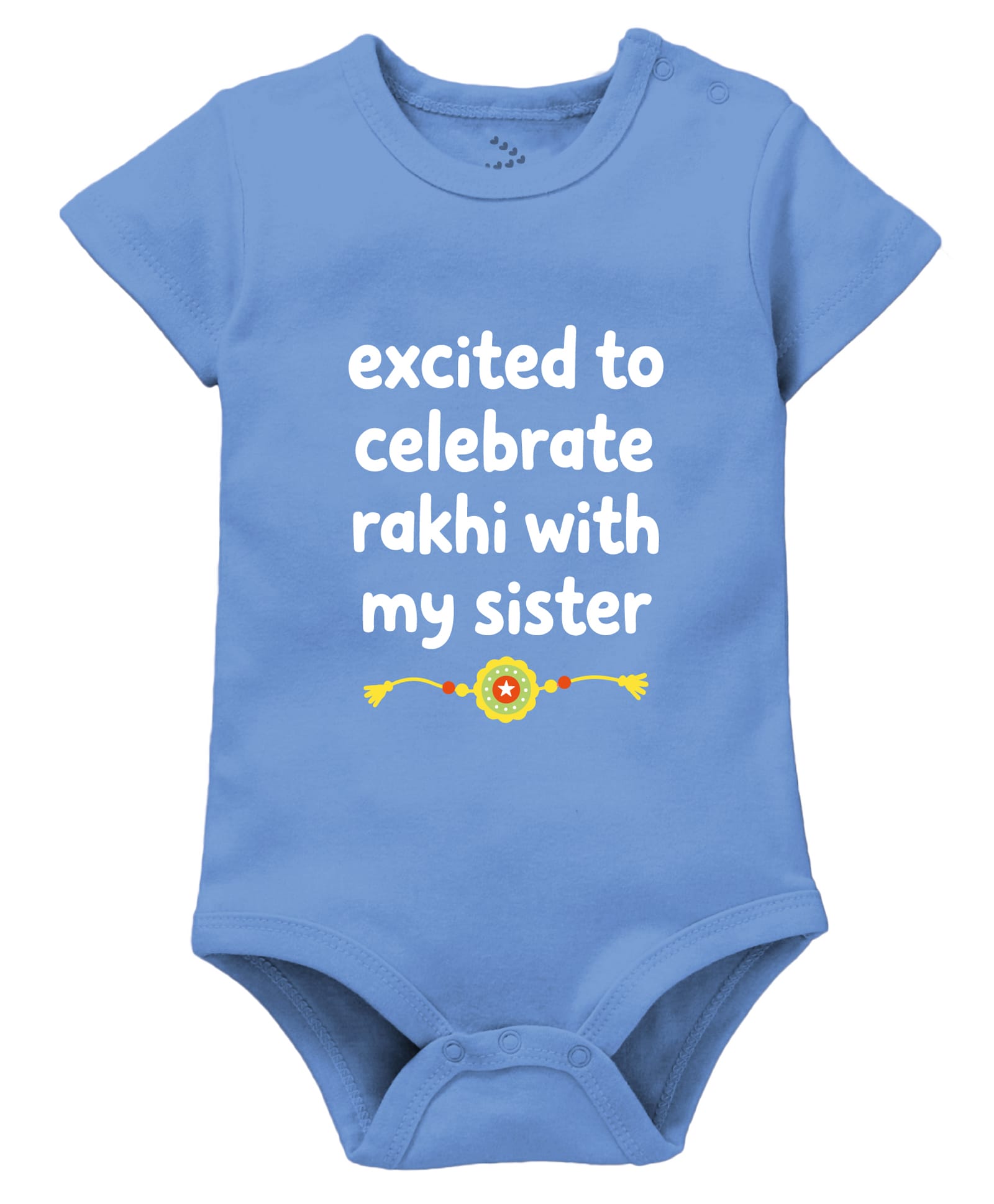 Zeezeezoo 100% Cotton Knit Raksha Bandhan Theme Half Sleeves Excited To Celebrate Rakhi With My Sister Text Printed Onesie - Blue-picture-0
