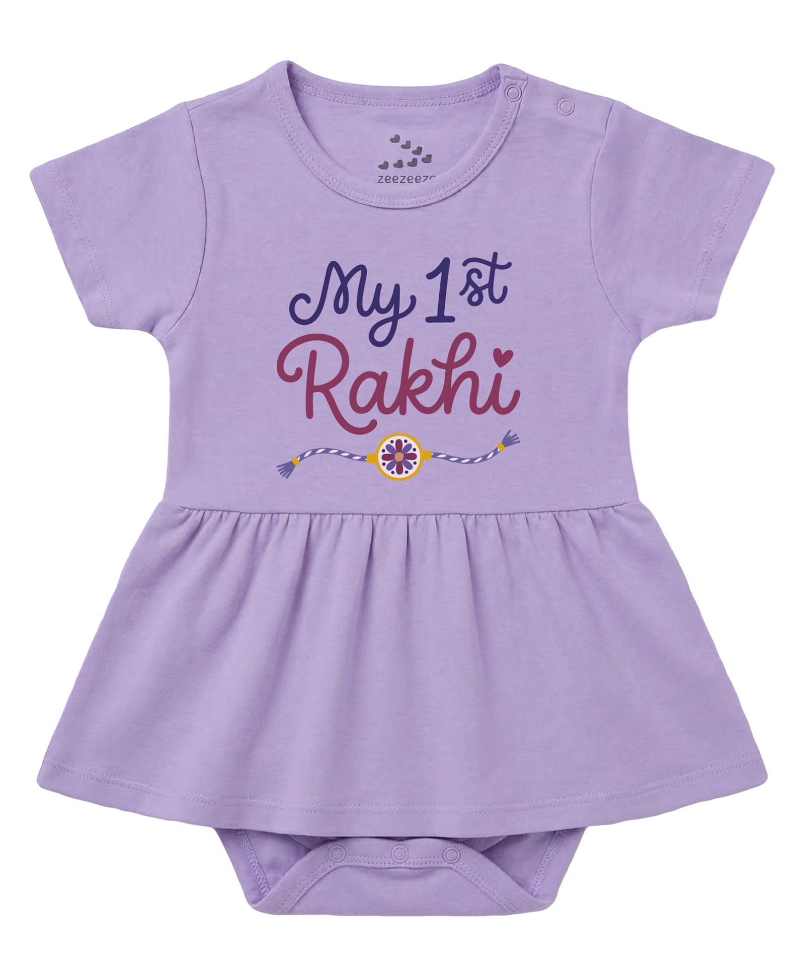 Zeezeezoo 100% Cotton Knit Raksha Bandhan Theme Half Sleeves My First Rakhi Text Printed Frock Style Onesie - Lavender-picture-15