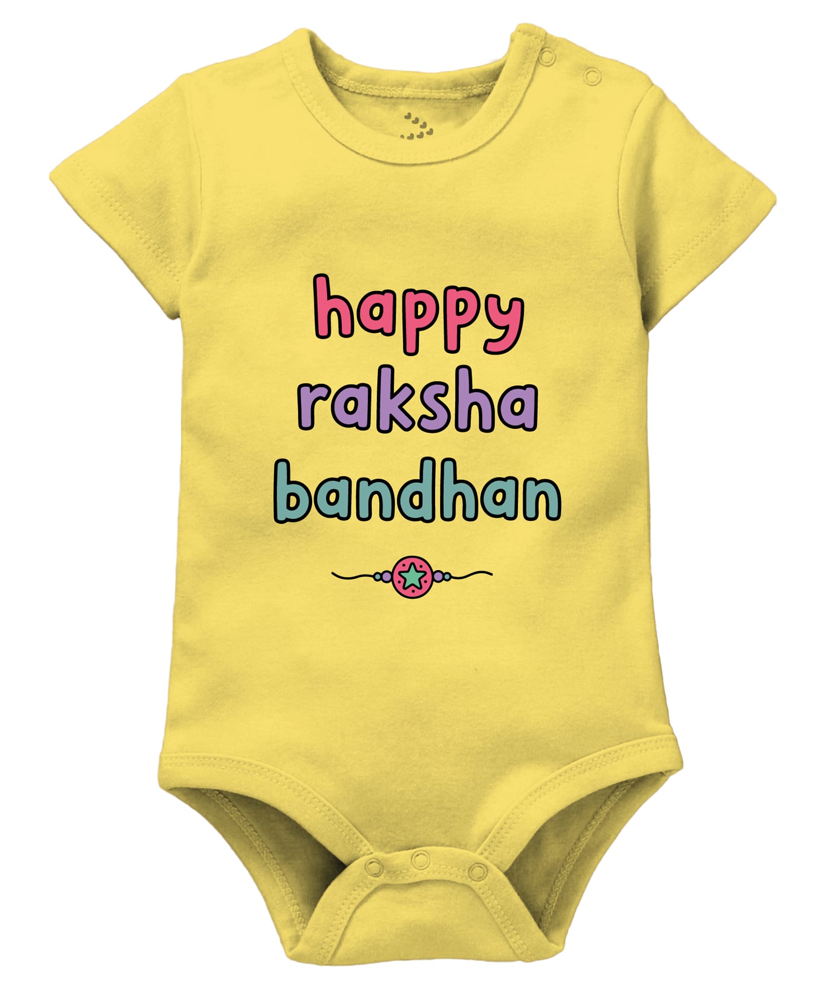 Zeezeezoo 100% Cotton Knit Raksha Bandhan Theme Half Sleeves Happy Raksha Bandhan Text Printed Onesie - Yellow-image-13