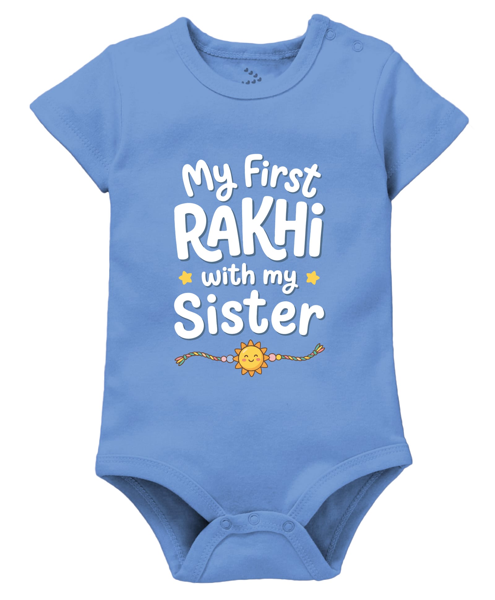 Zeezeezoo 100% Cotton Knit Raksha Bandhan Theme Half Sleeves My First Rakhi With My Sister Text Printed Onesie - Blue-picture-20