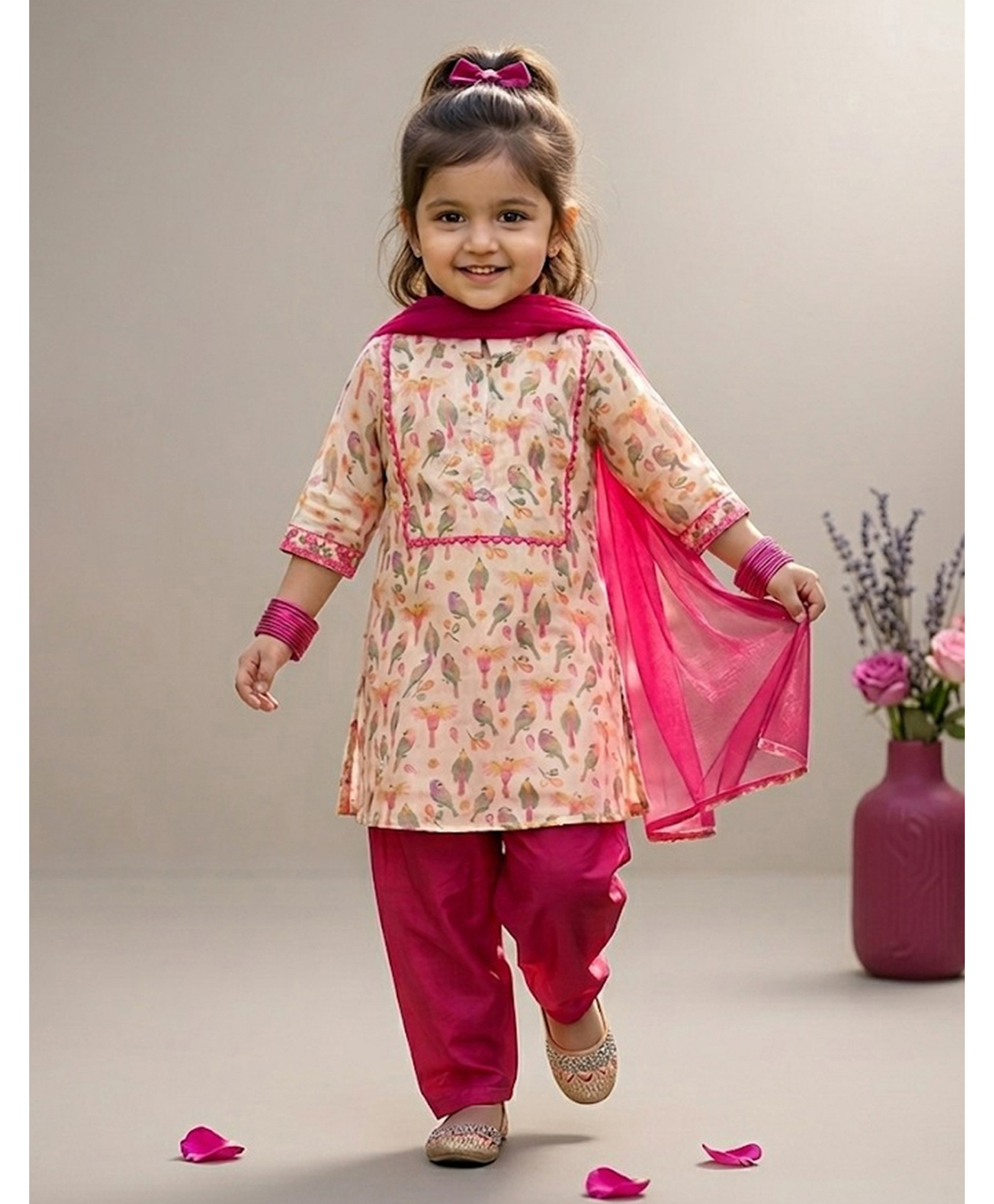 Kinder Kids Cotton Woven Three Fourth Sleeves Bird Printed Kurti & Pants With Dupatta Set - Cream & Pink-image-16