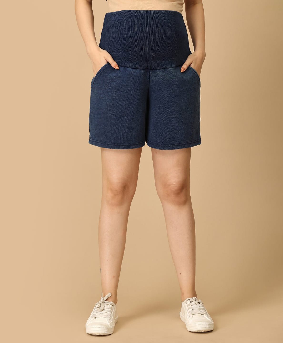 The Mom Store Denim Solid Maternity Shorts With Belly Support - Dark Blue-picture-10