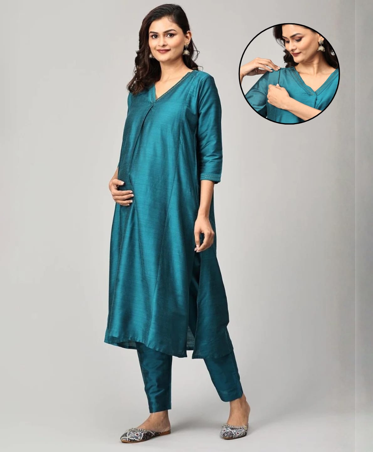 The Mom Store Silk Woven Three Fourth Sleeves Solid Side Zipper Nursing Access Kurti & Pants Set - Teal-image-17