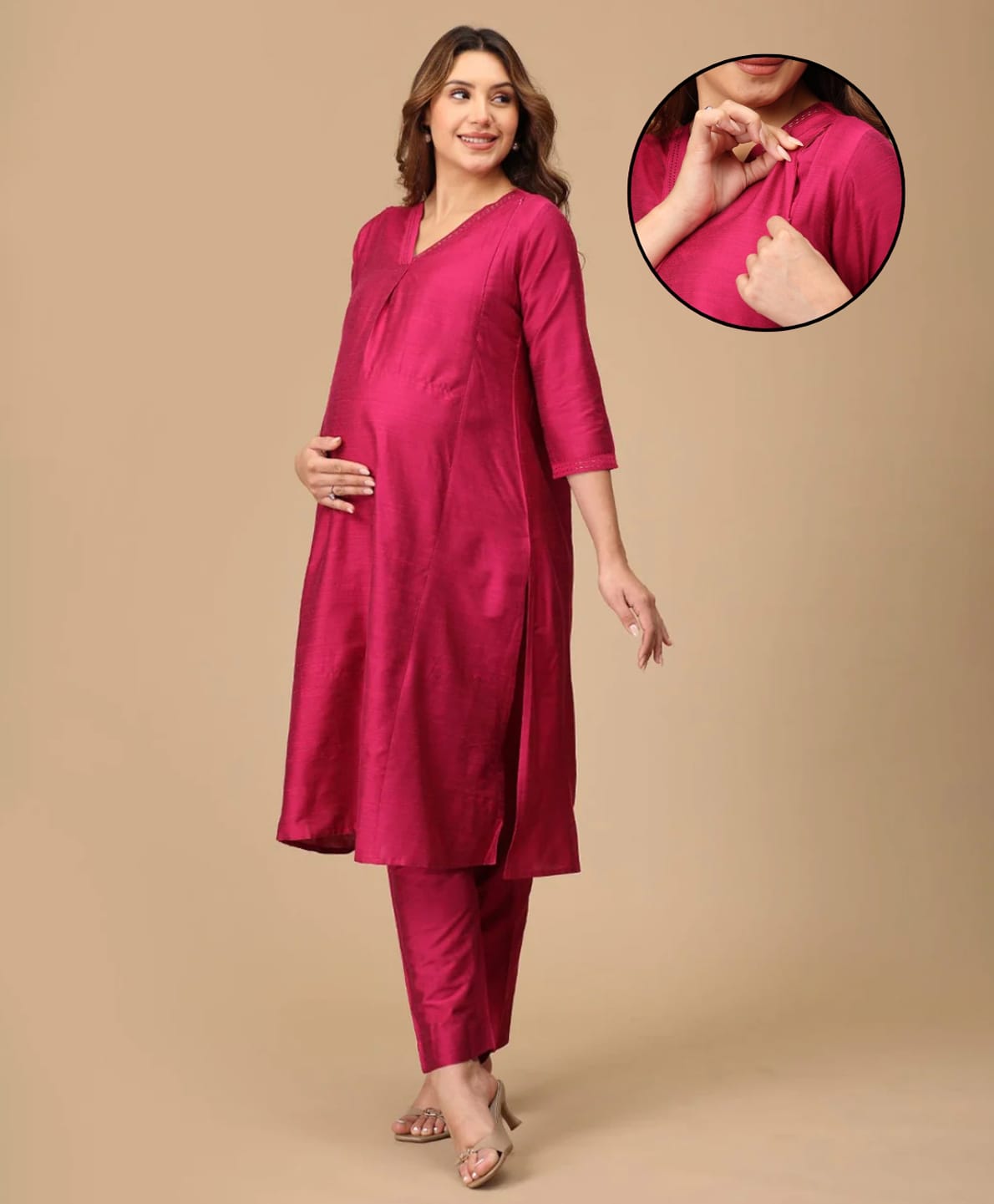 The Mom Store Silk Woven Three Fourth Sleeves Solid Side Zipper Nursing Access Kurti & Pants Set - Fuchsia-picture-14