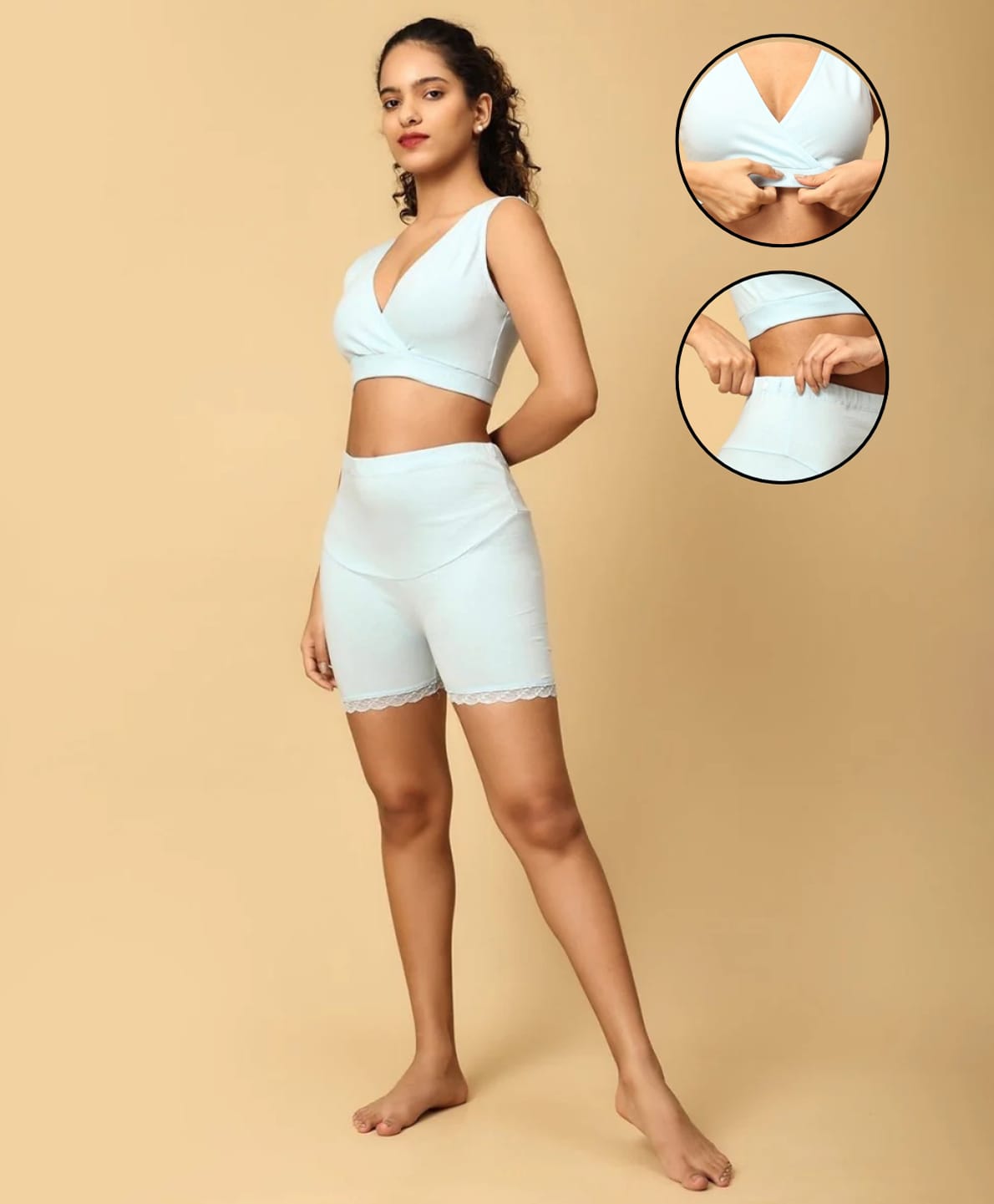 The Mom Store Cotton Elastane Knit Solid Maternity Sleeping Bra & Boyshorts Set - Sky Blue-image-37