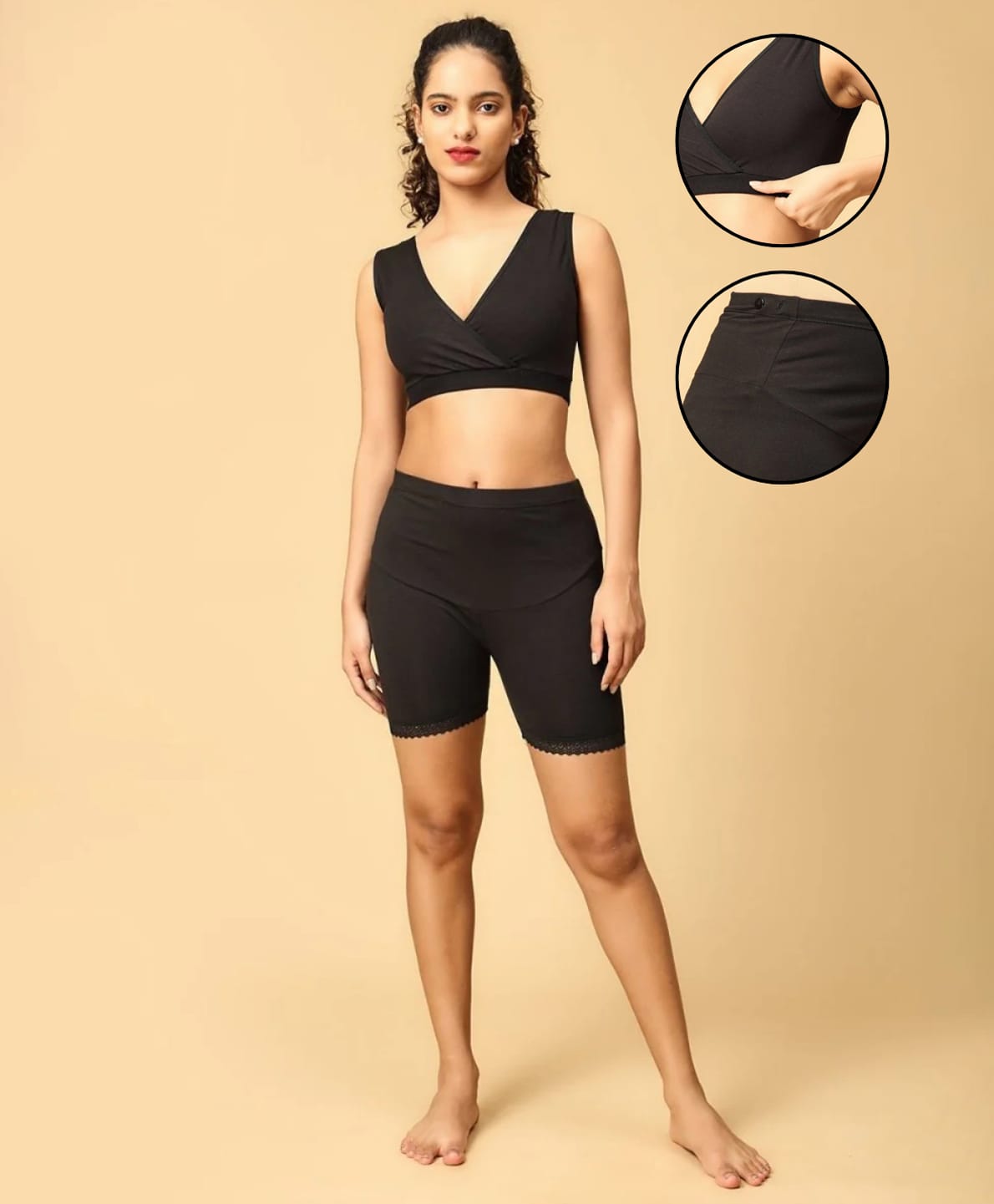 The Mom Store Cotton Elastane Knit Solid Maternity Sleeping Bra & Boyshorts Set - Black-image-45