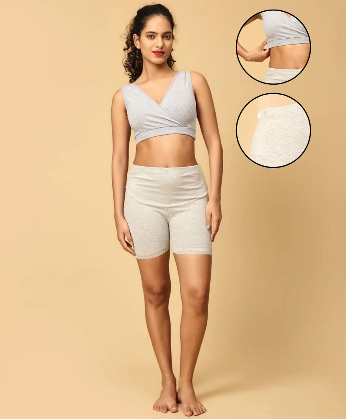 The Mom Store Cotton Elastane Knit Solid Maternity Sleeping Bra & Boyshorts Set - Grey-image-46