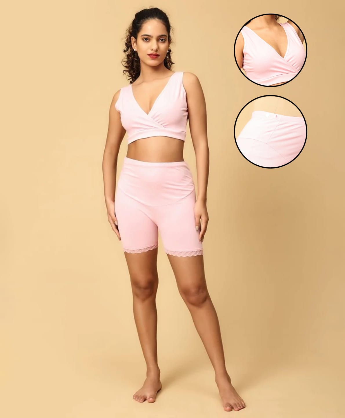 The Mom Store Cotton Elastane Knit Solid Maternity Sleeping Bra & Boyshorts Set - Pink-picture-38
