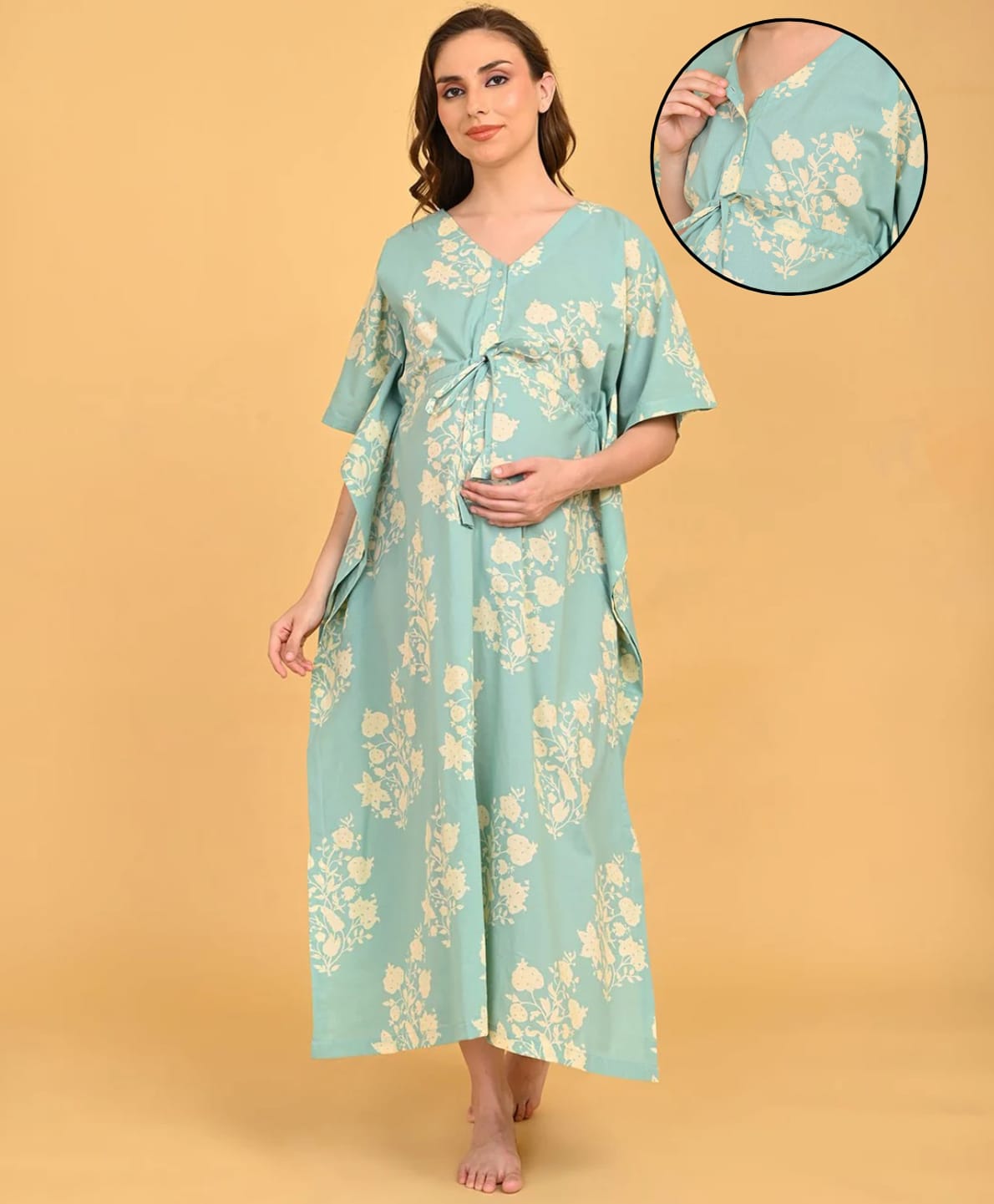 The Mom Store Cotton Woven Half Sleeves Floral Printed Center Nursing Access Kaftan Style Nighty - Aqua Blue-picture-12