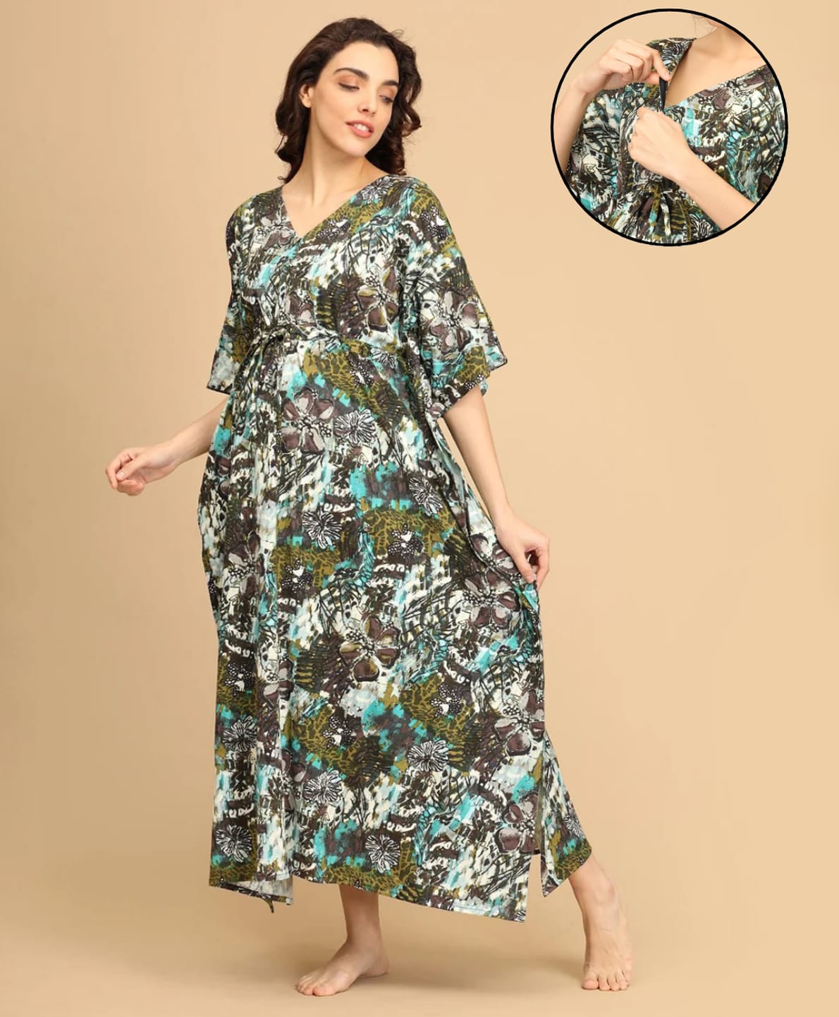 The Mom Store Cotton Woven Half Sleeves Abstract Printed Center Nursing Kaftan Style Nighty - Black-image-21