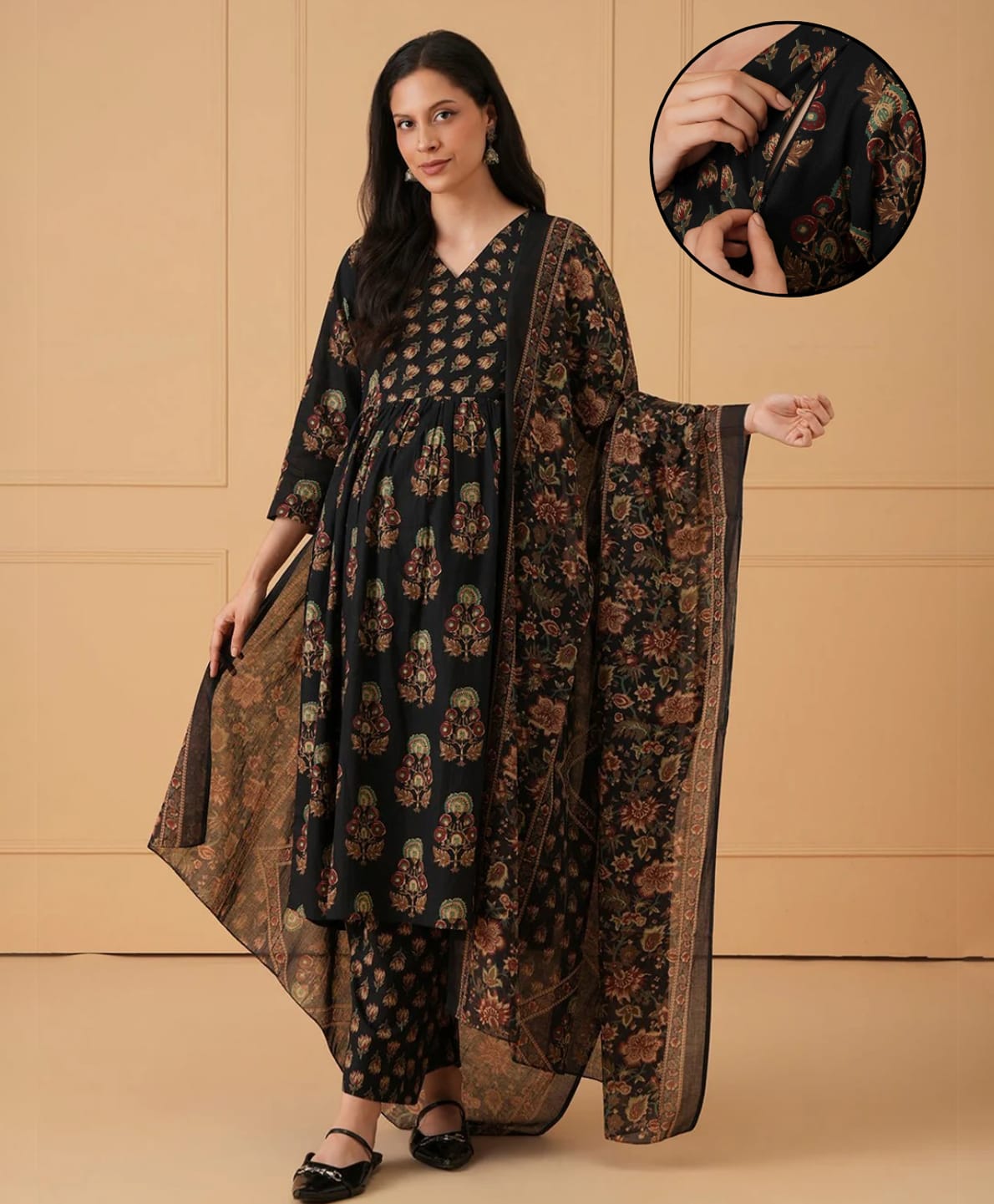 The Mom Store Cotton Woven Three Fourth Sleeves Floral Printed Side Nursing Access Kurti & Pants Set With Dupatta - Black-picture-21