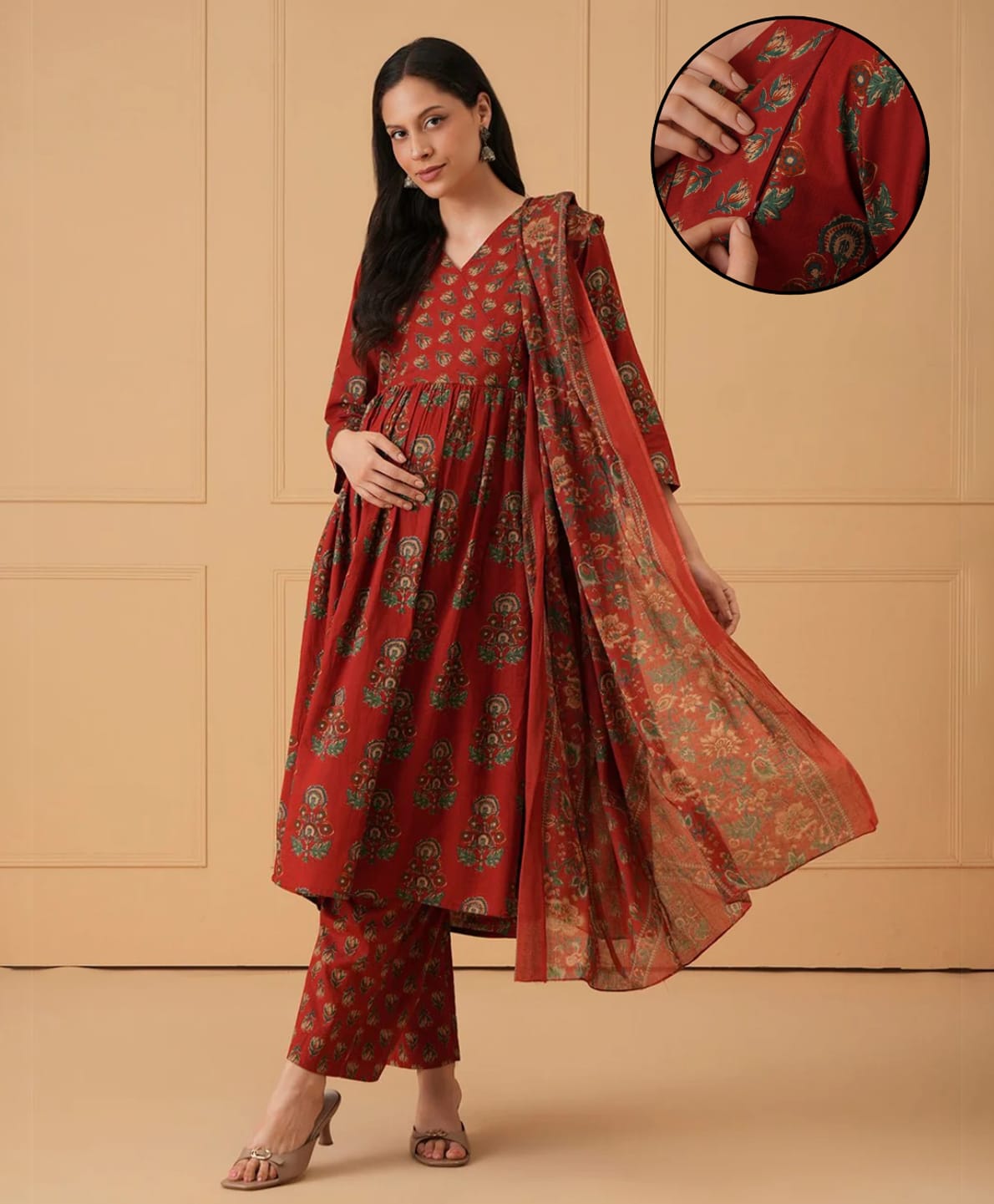 The Mom Store Cotton Woven Three Fourth Sleeves Floral Printed Side Nursing Access Kurti & Pants Set With Dupatta - Maroon-picture-38