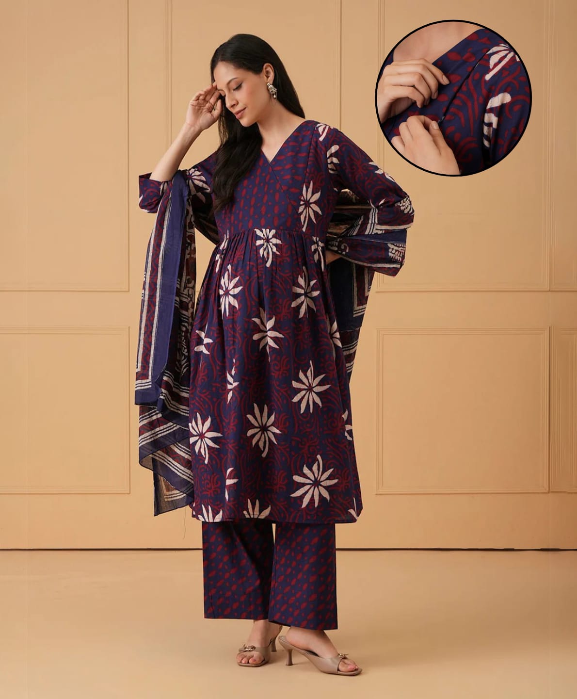 The Mom Store Cotton Woven Three Fourth Sleeves Floral Printed Side Nursing Access Kurti & Pants Set With Dupatta - Navy Blue-picture-23