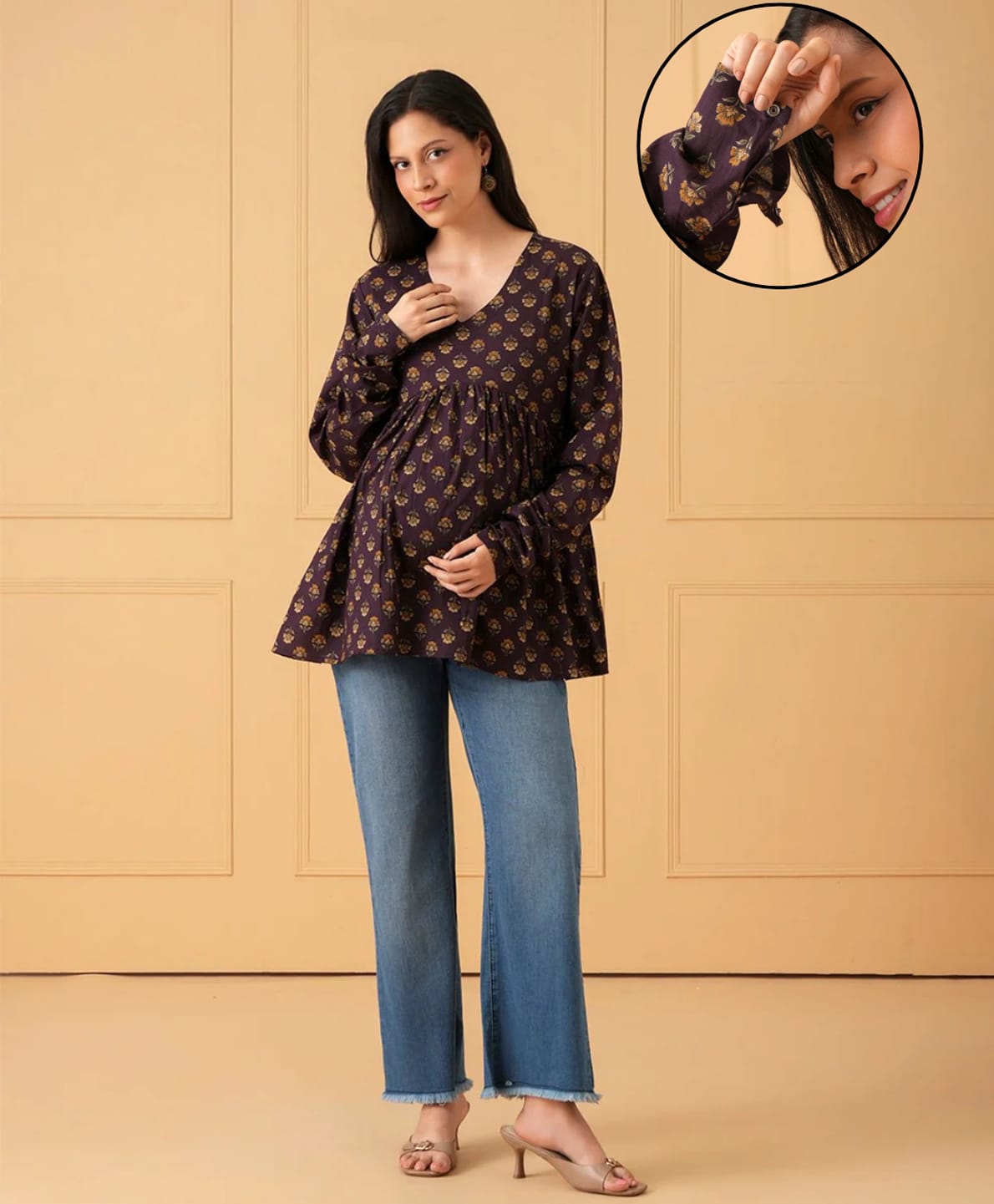The Mom Store Cotton Woven Full Sleeves Floral Printed Maternity Top - Purple-picture-13