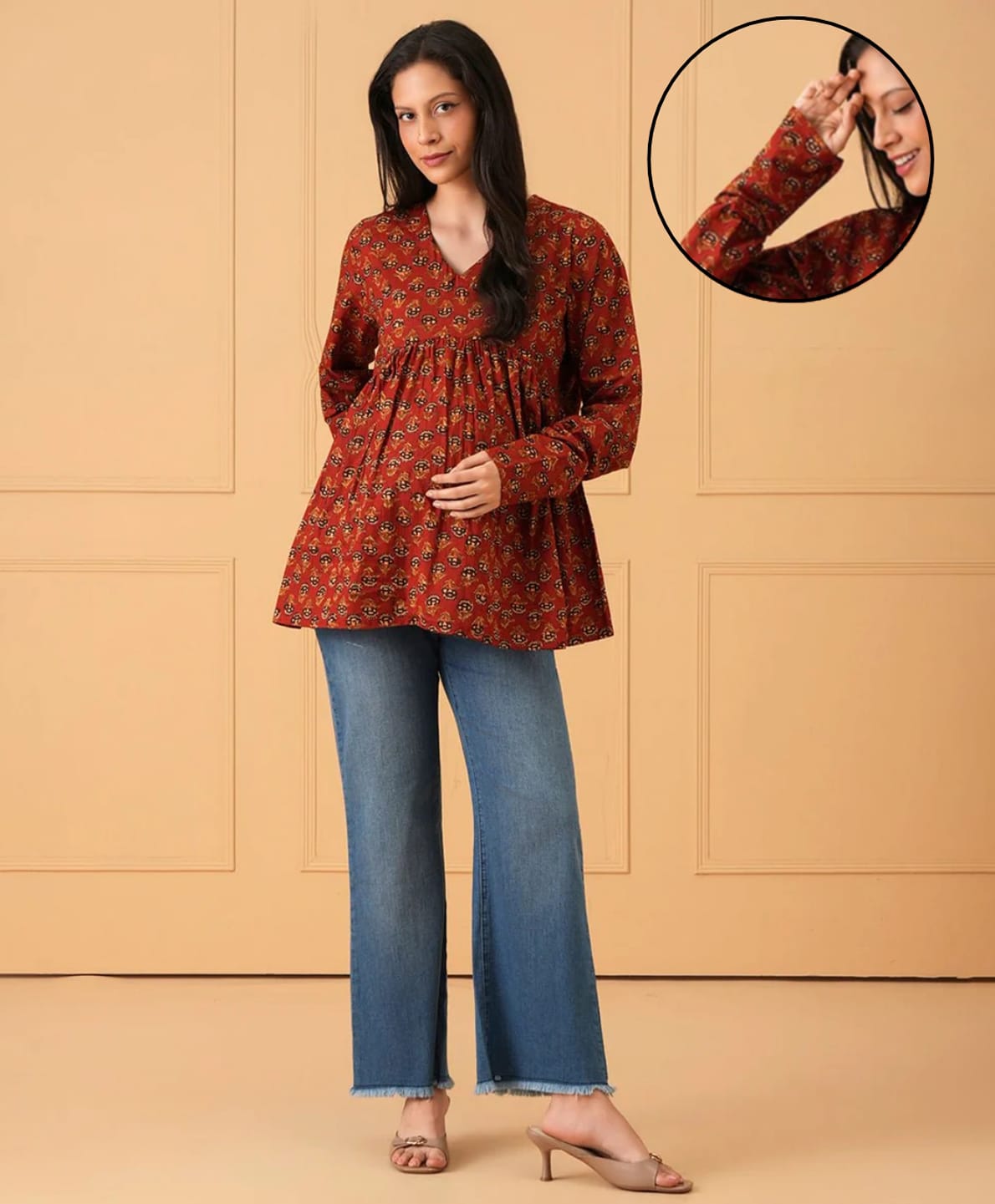 The Mom Store Cotton Woven Full Sleeves Floral Printed Maternity Top - Red-image-36