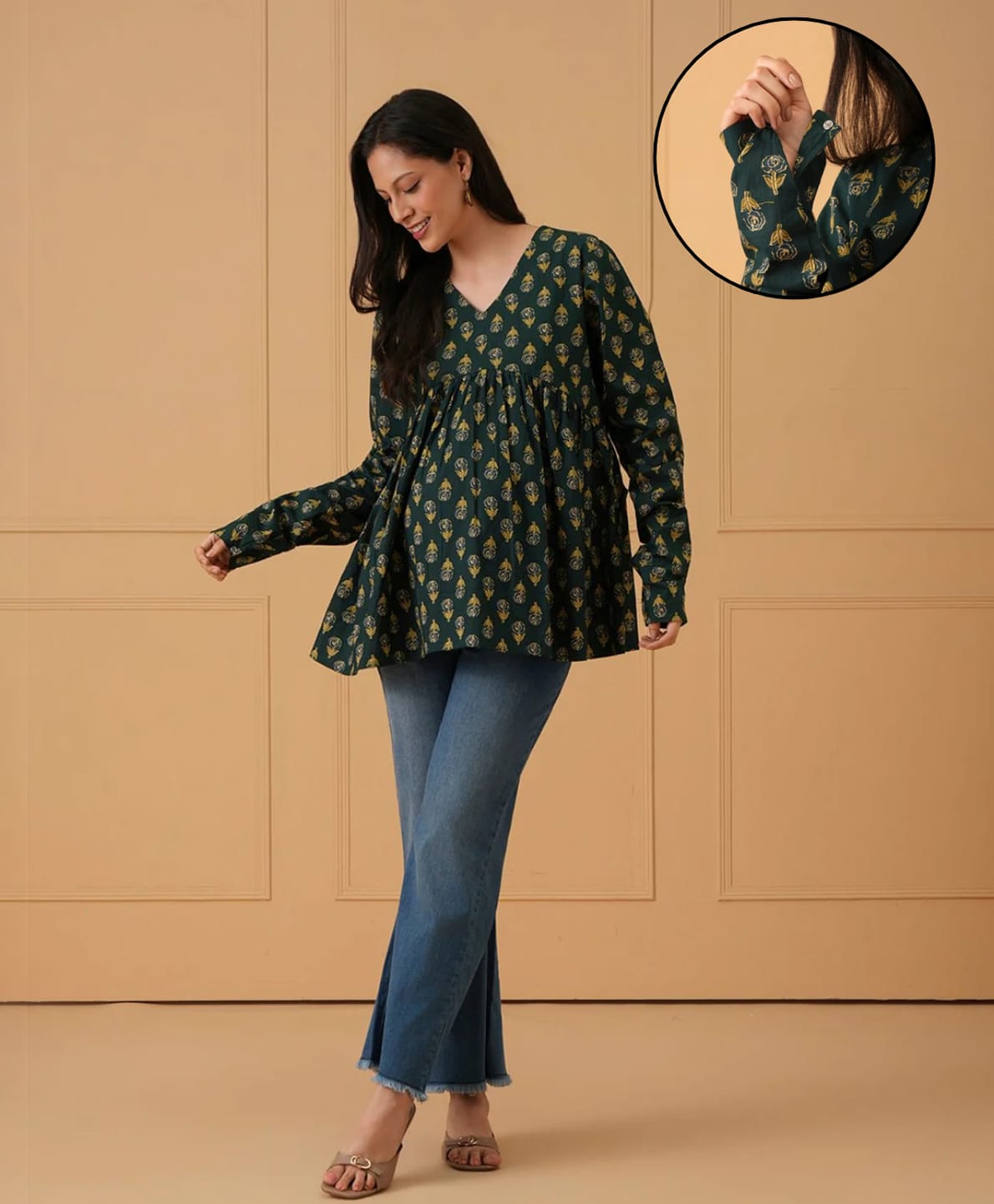 The Mom Store Cotton Woven Full Sleeves Floral Printed Maternity Top - Dark Green-picture-13