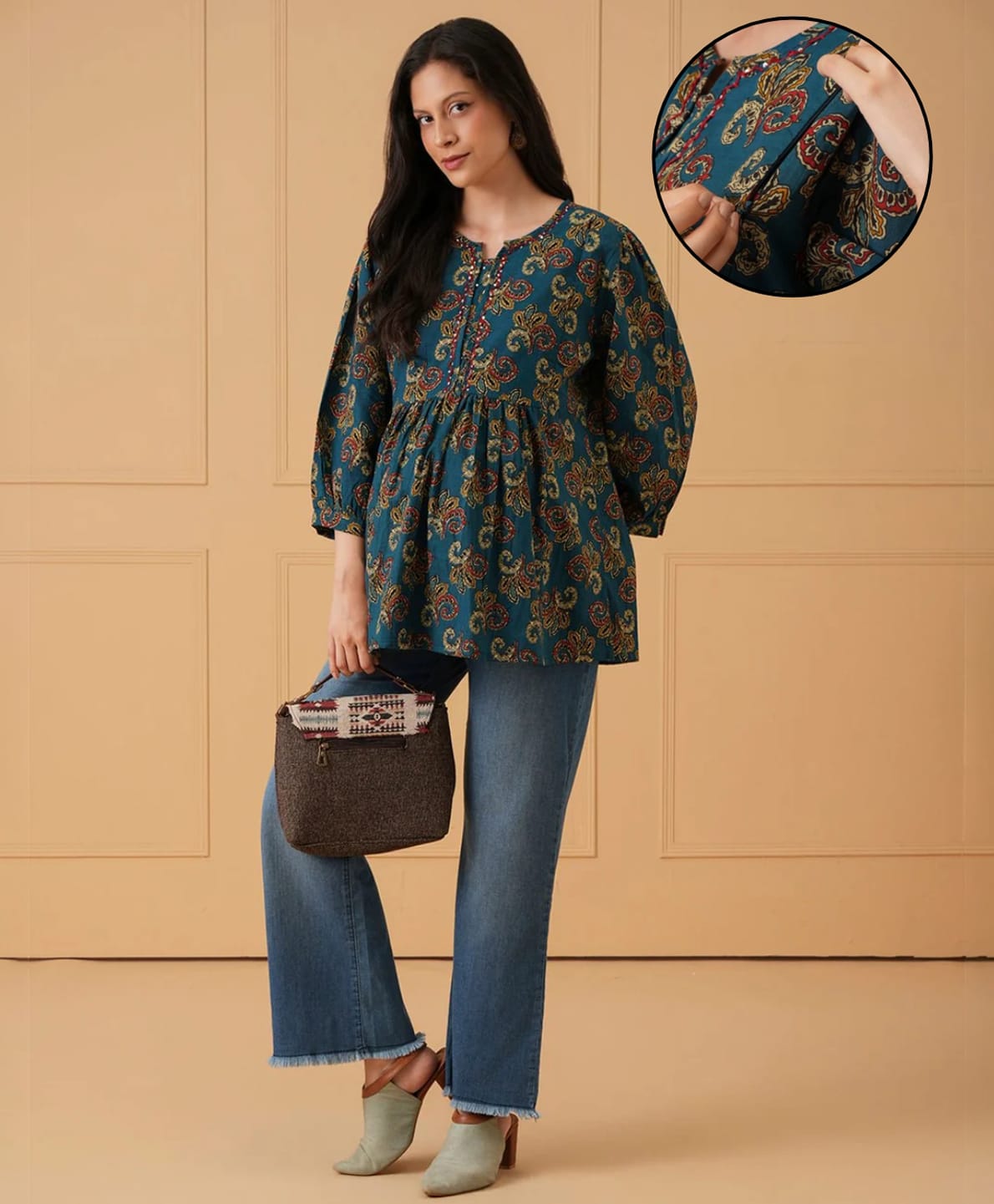The Mom Store Cotton Woven Full Sleeves Floral Printed Side Nursing Access Top - Teal Blue-picture-14